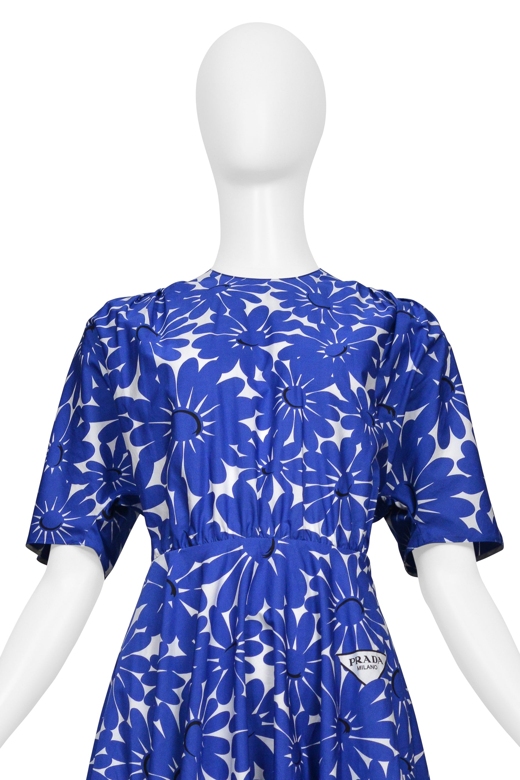 PRADA BLUE FLORAL COTTON POPLIN DRESS WITH FULL SKIRT 2022