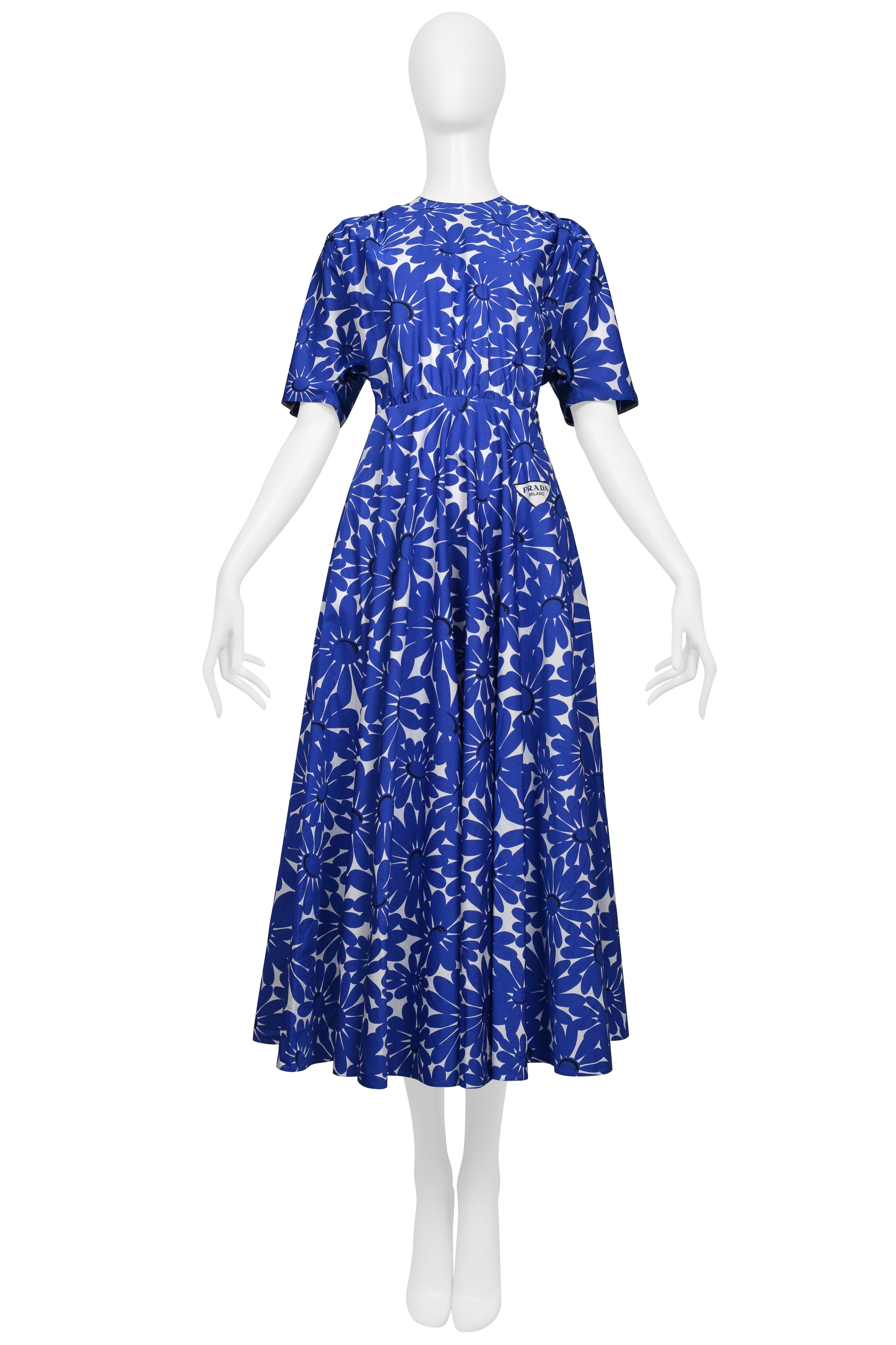 PRADA BLUE FLORAL COTTON POPLIN DRESS WITH FULL SKIRT 2022