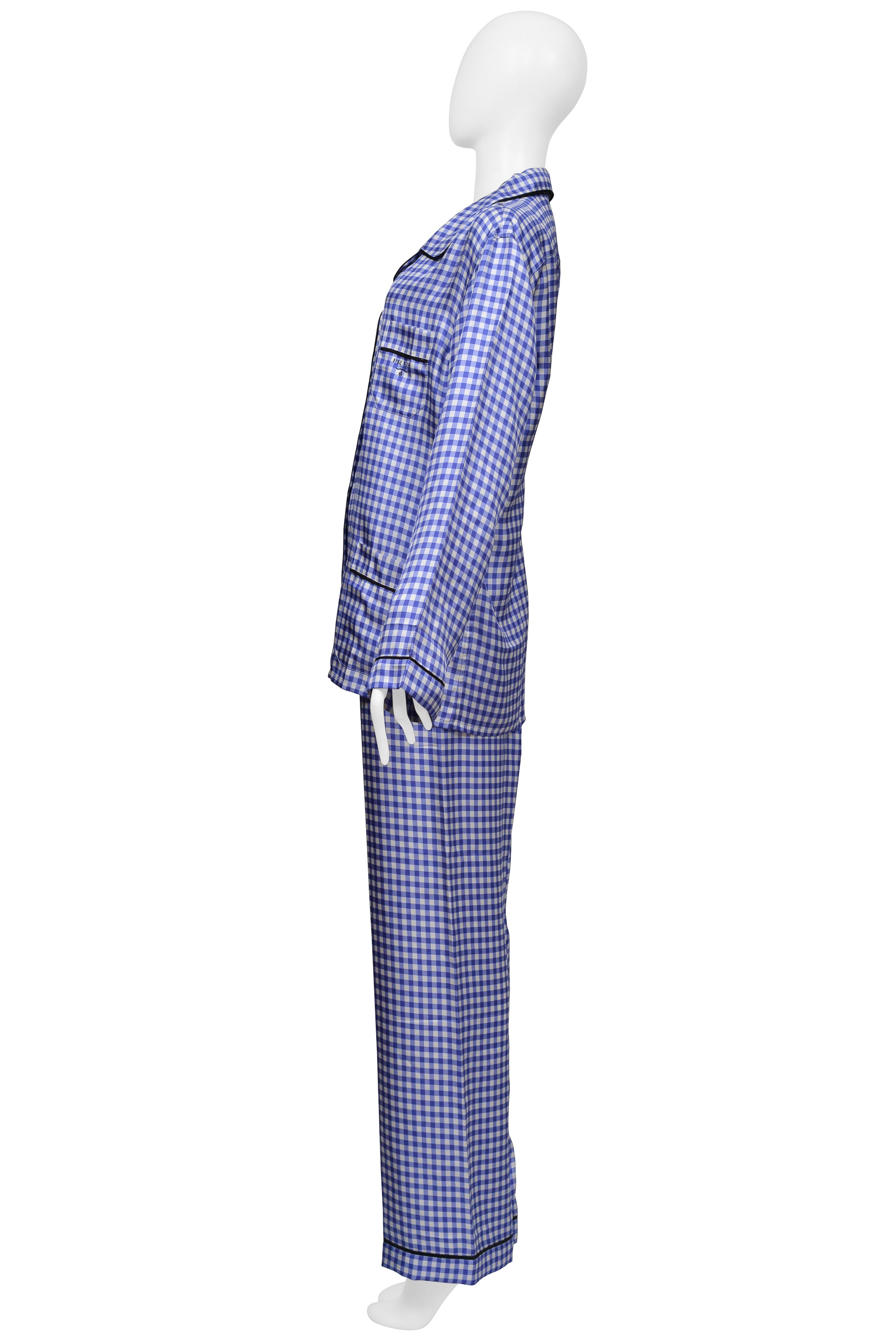 PRADA SILK BLUE AND WHITE CHECKERED PAJAMA ENSEMBLE WITH BLACK PIPING 2022