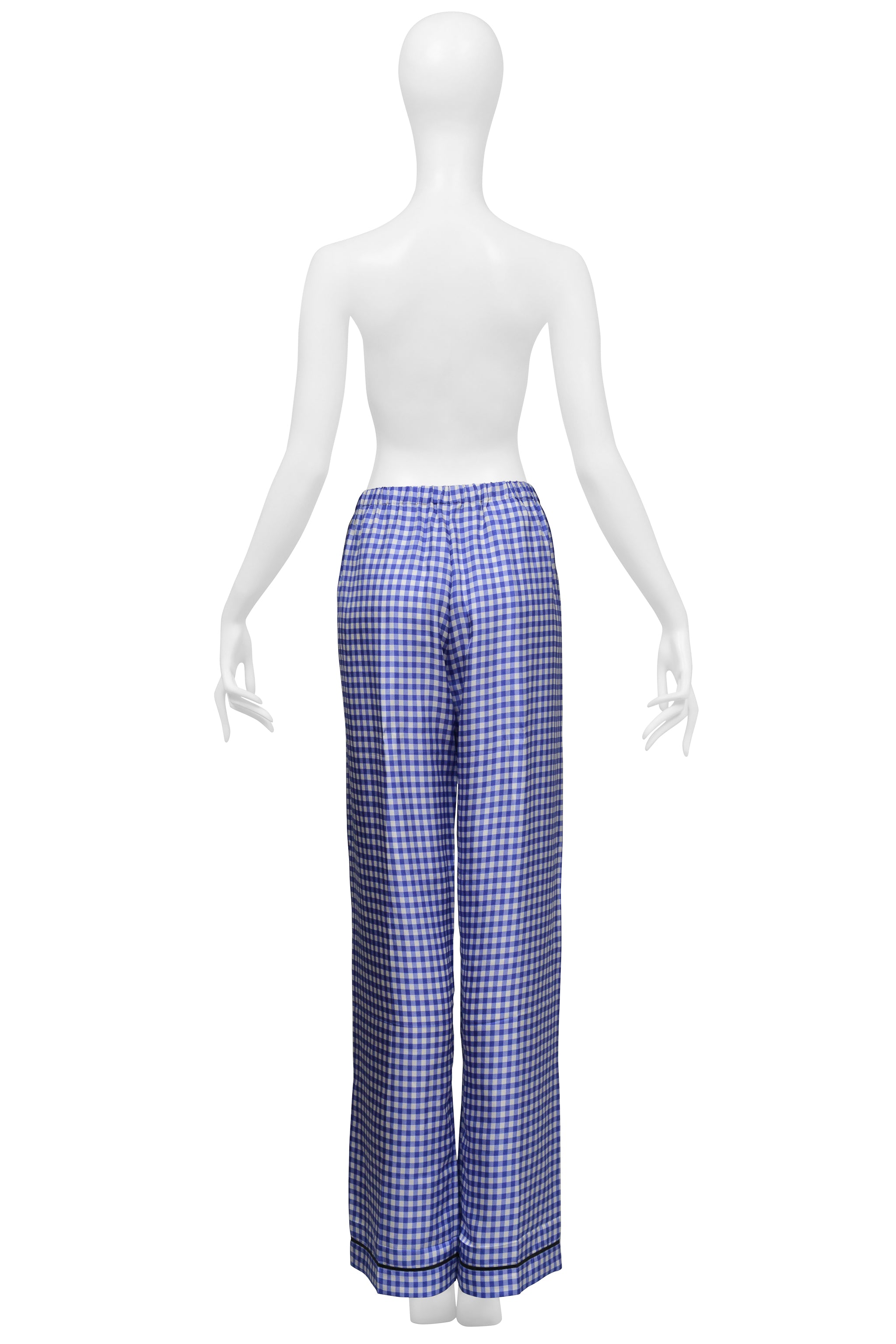 PRADA SILK BLUE AND WHITE CHECKERED PAJAMA ENSEMBLE WITH BLACK PIPING 2022