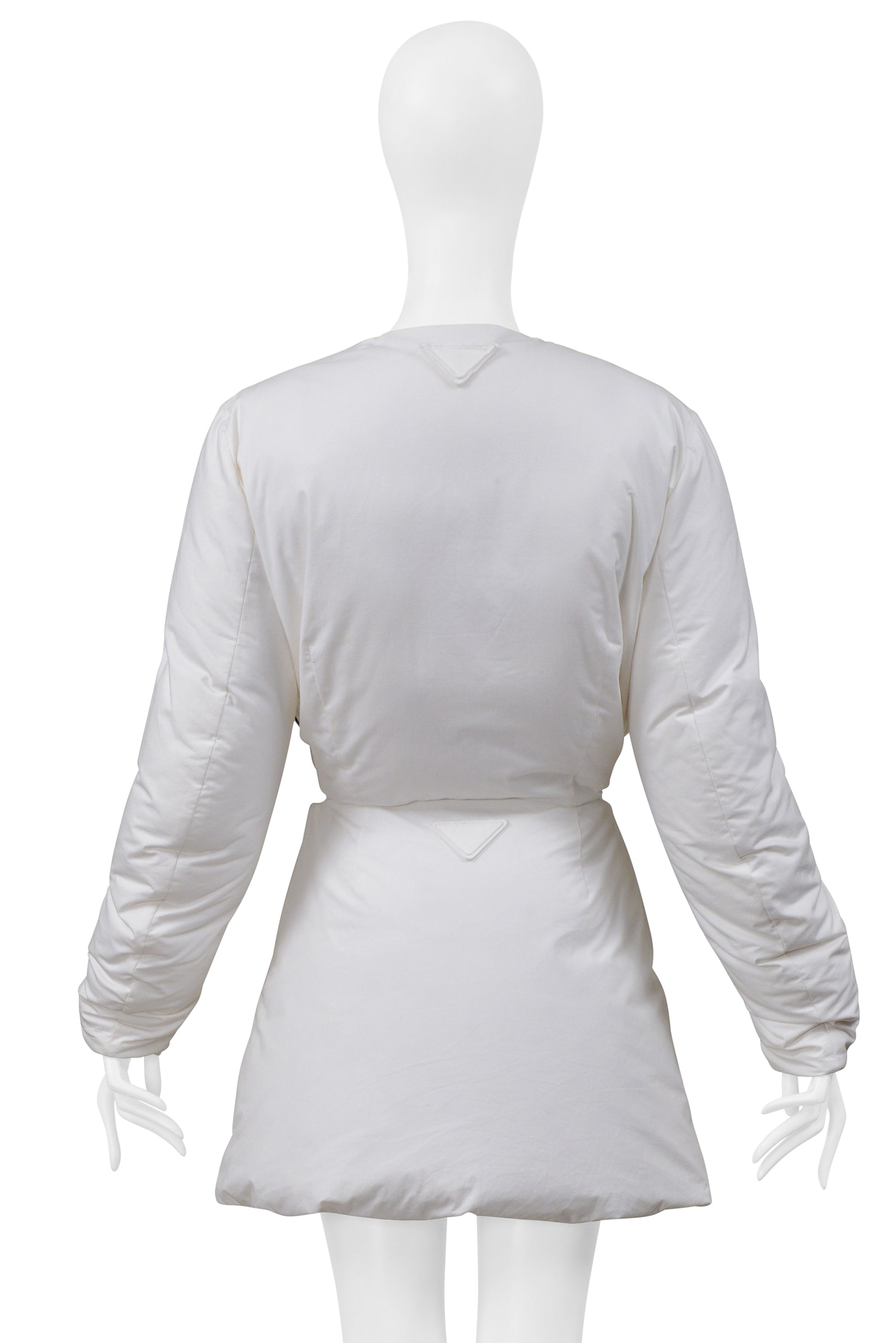 PRADA BY RAF SIMONS WHITE COTTON PADDED JACKET AND MINI SKIRT 2023