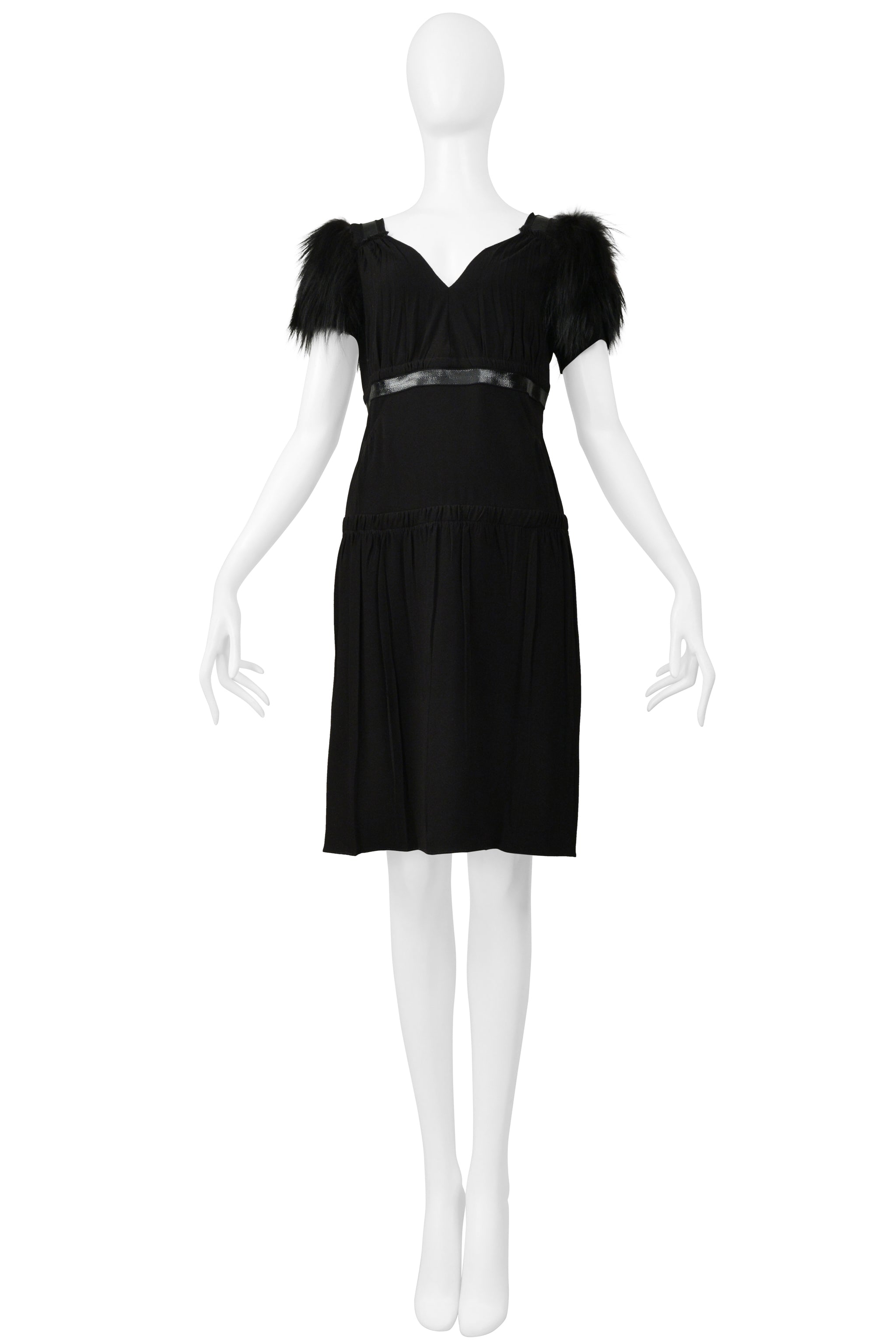 PRADA BLACK DRESS WITH LEATHER TRIM & FUR SLEEVES