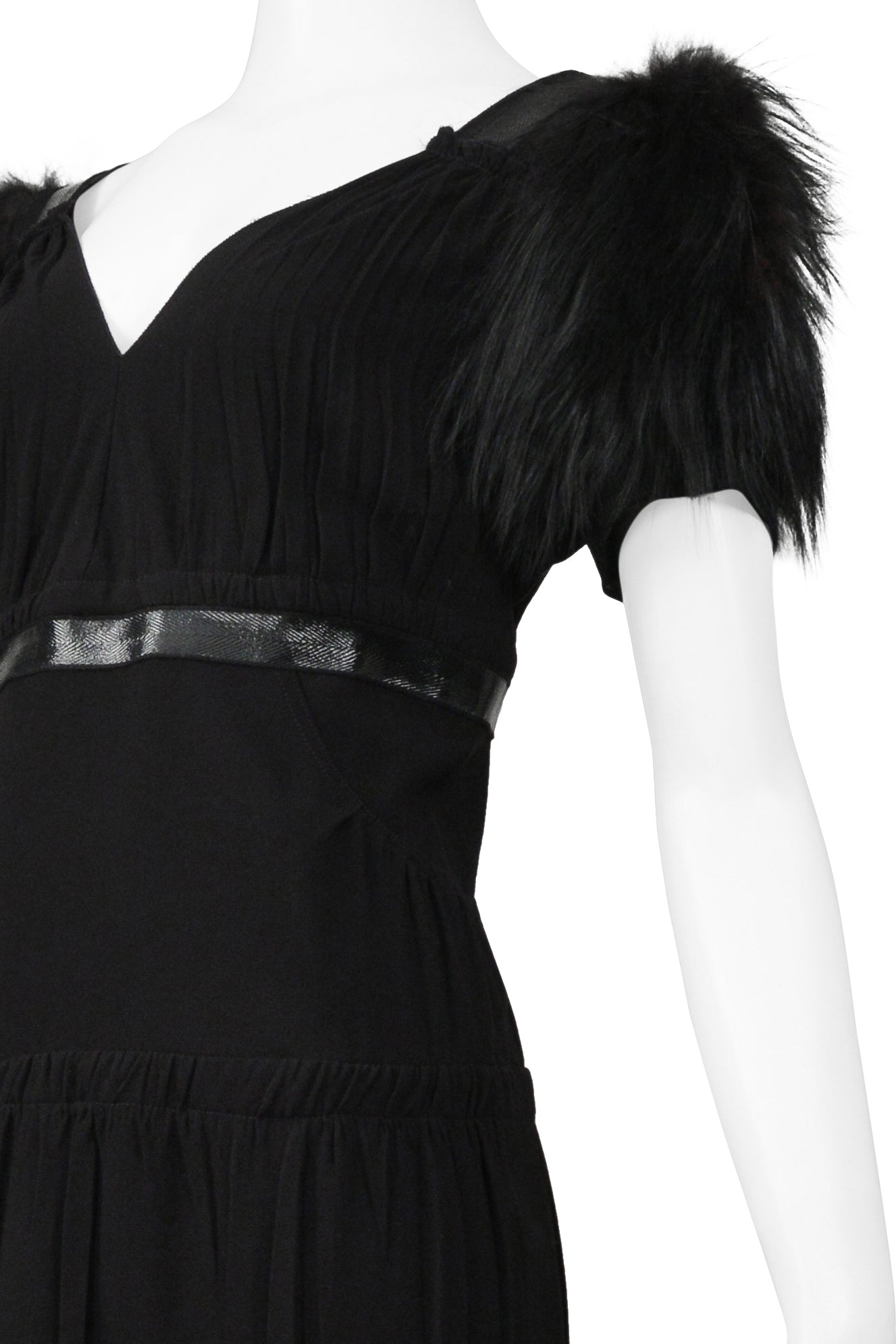 PRADA BLACK DRESS WITH LEATHER TRIM & FUR SLEEVES