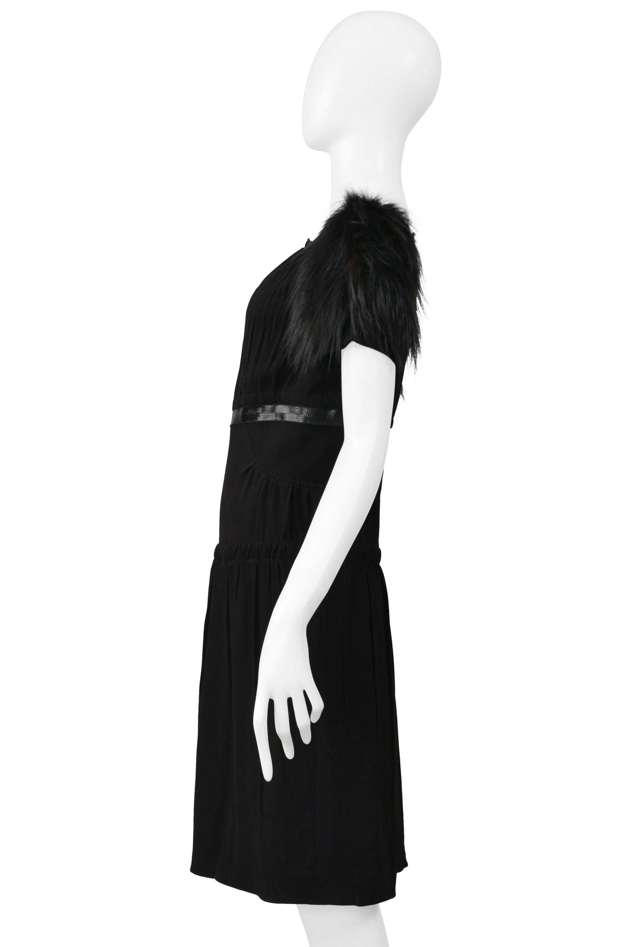 PRADA BLACK DRESS WITH LEATHER TRIM & FUR SLEEVES