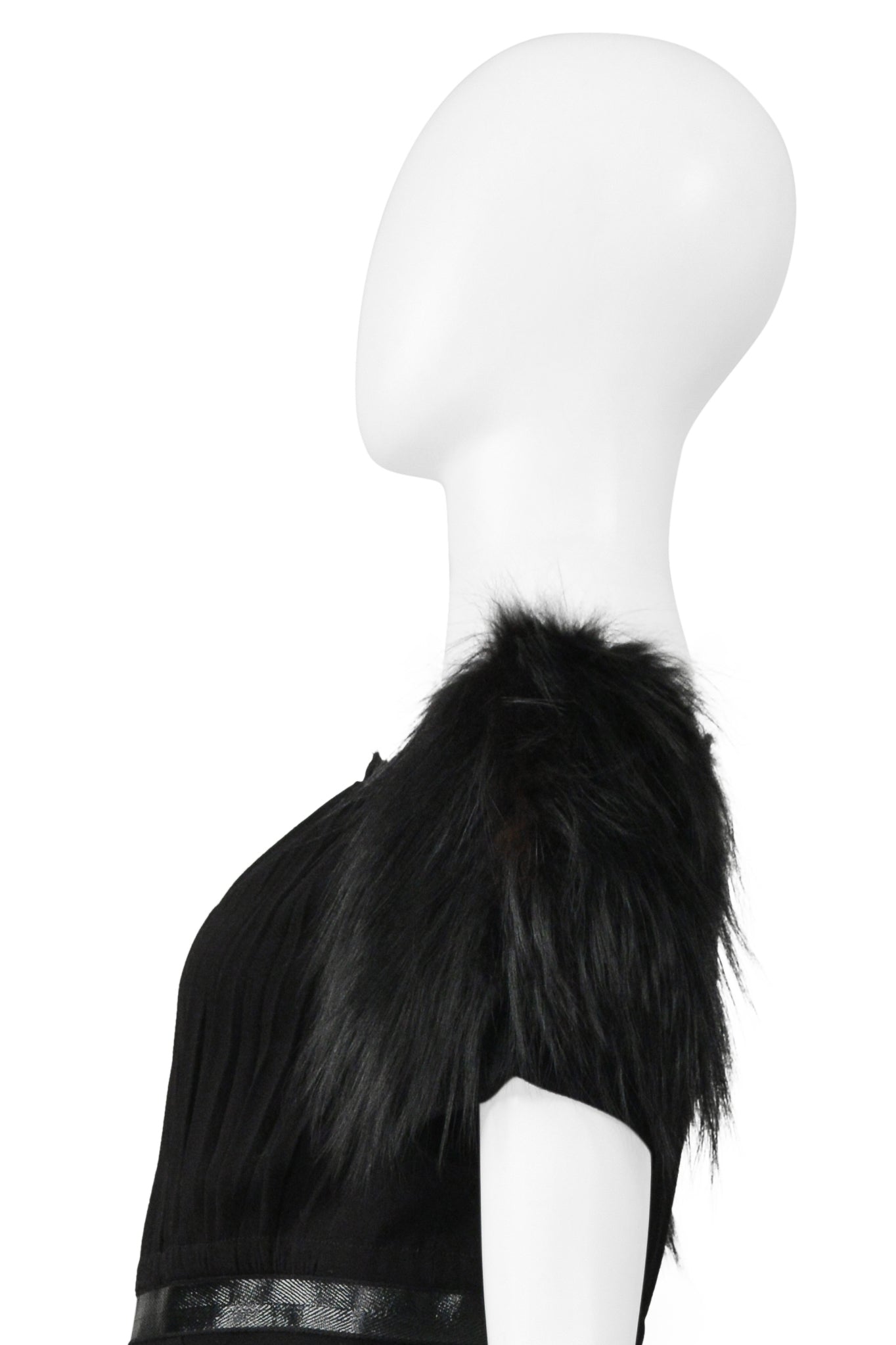 PRADA BLACK DRESS WITH LEATHER TRIM & FUR SLEEVES