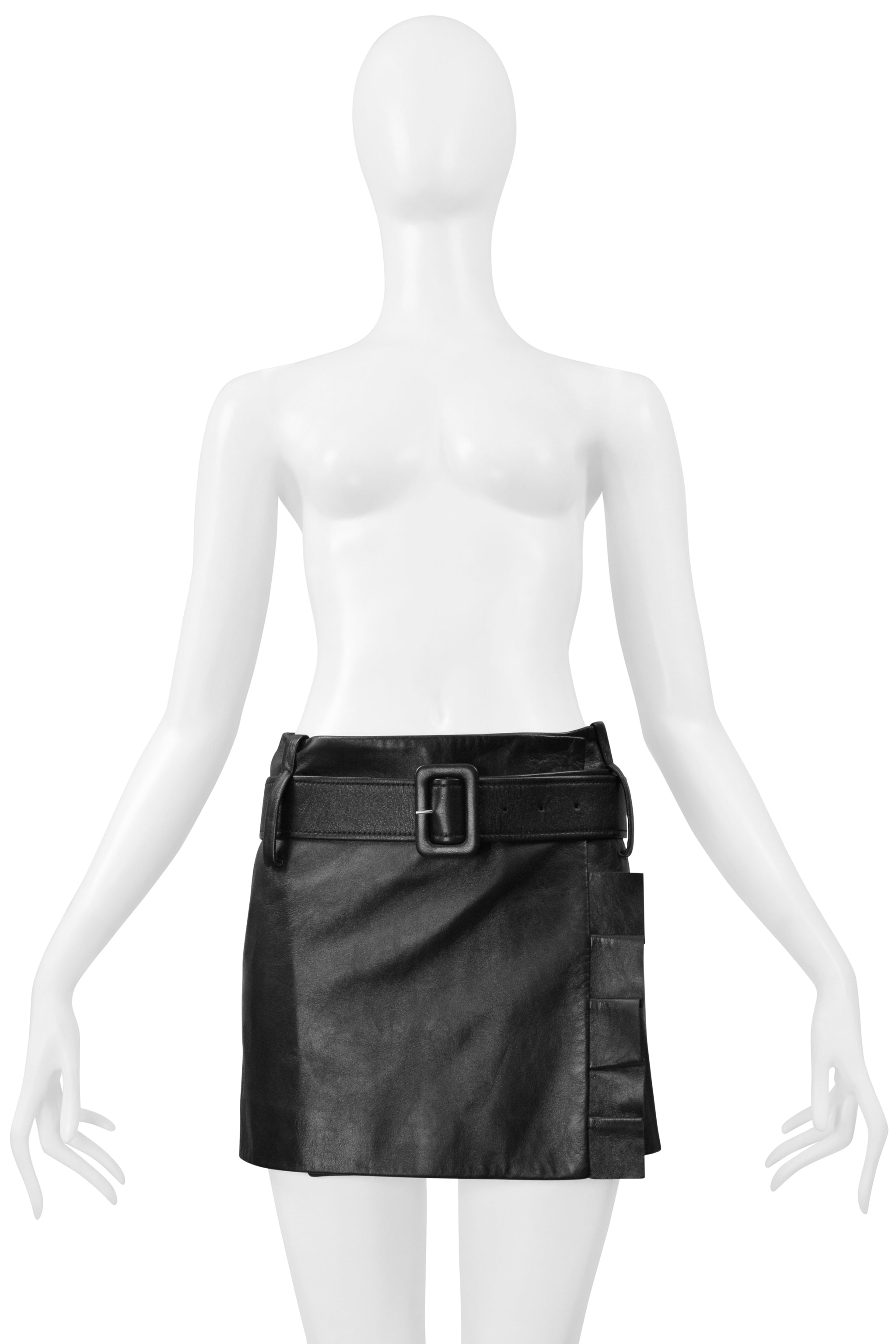 PRADA BLACK LEATHER MOD MINI SKIRT WITH PLEATED RUFFLES & BELT 2019