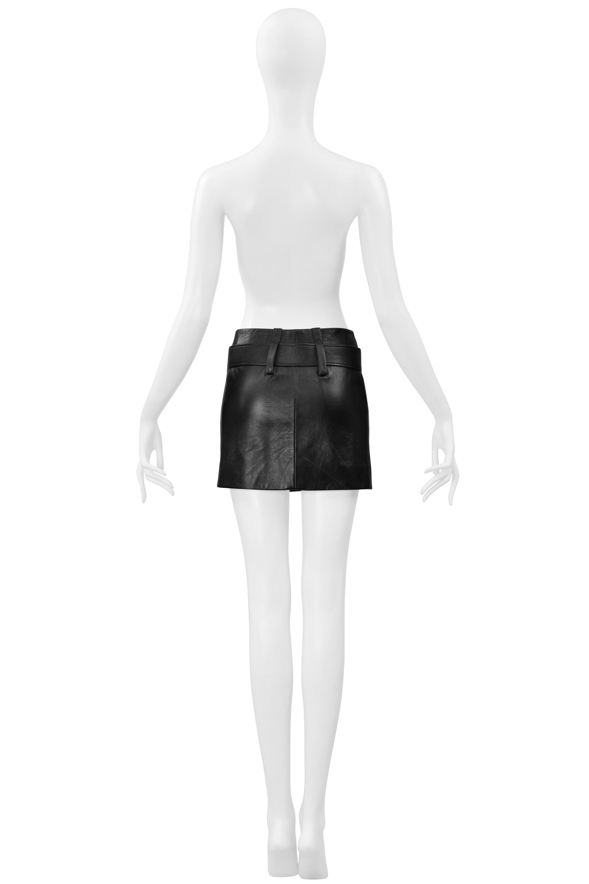 PRADA BLACK LEATHER MOD MINI SKIRT WITH PLEATED RUFFLES & BELT 2019