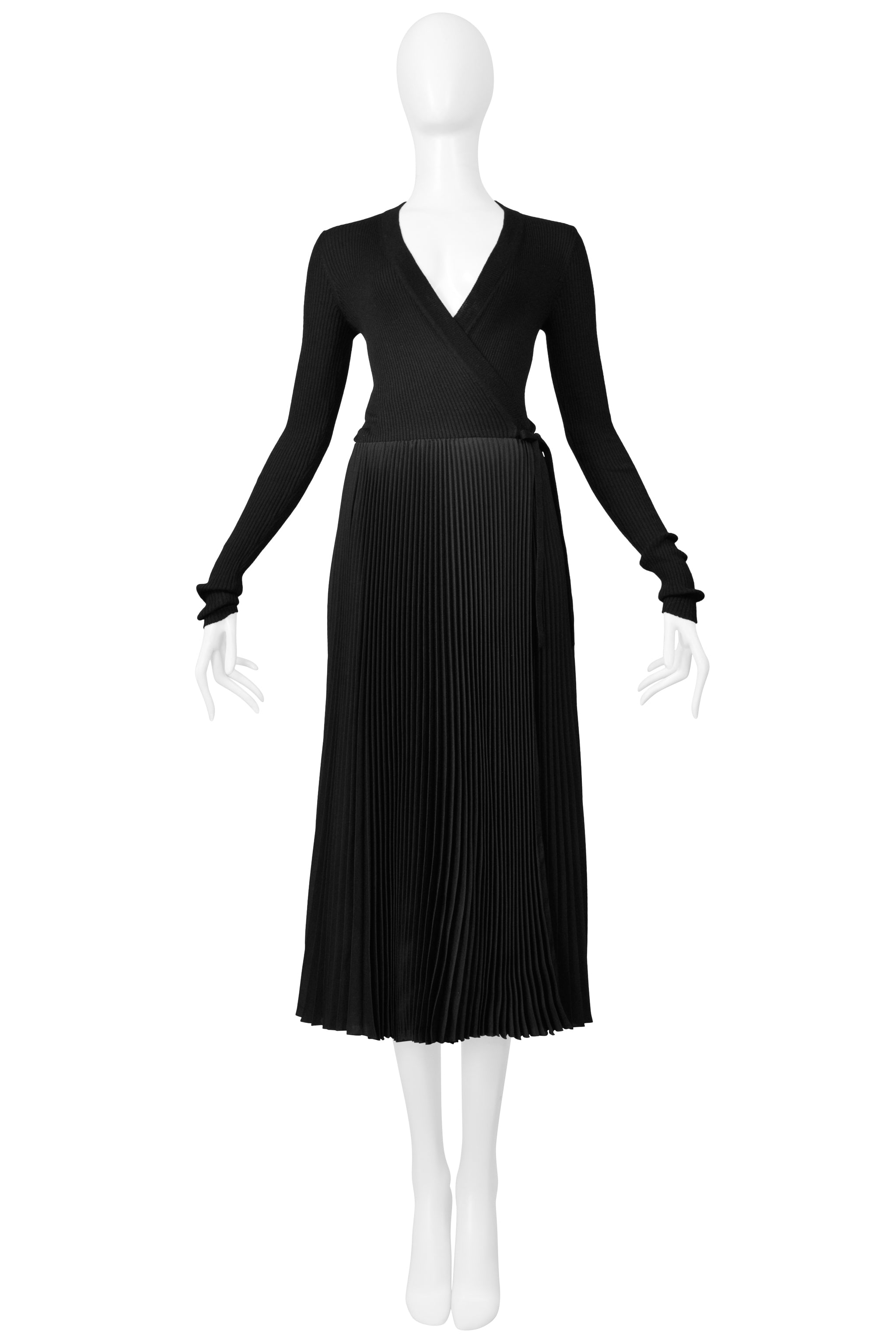 PRADA BLACK LONG KNIT WRAP DRESS WITH PLEATED SKIRT