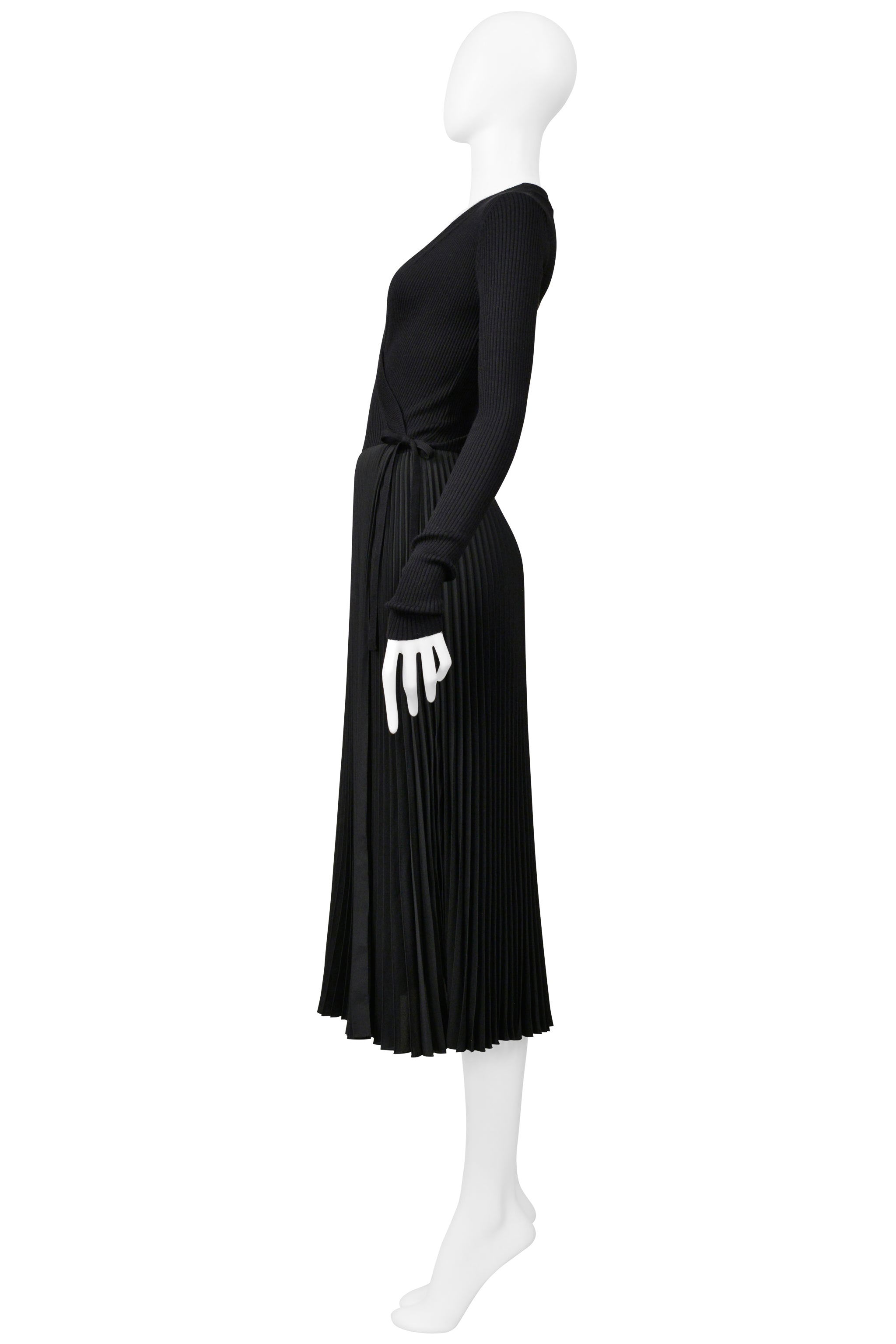 PRADA BLACK LONG KNIT WRAP DRESS WITH PLEATED SKIRT