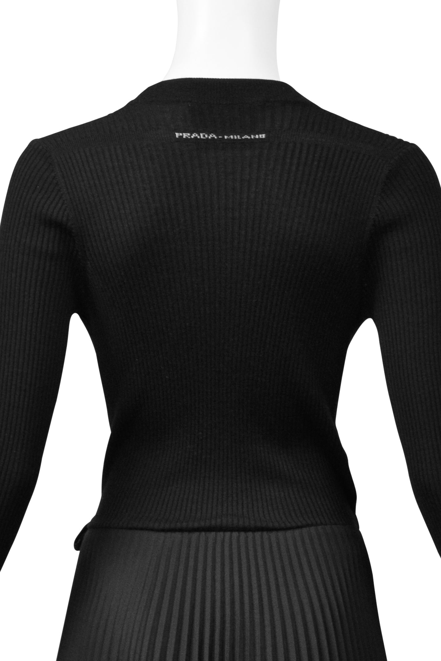 PRADA BLACK LONG KNIT WRAP DRESS WITH PLEATED SKIRT