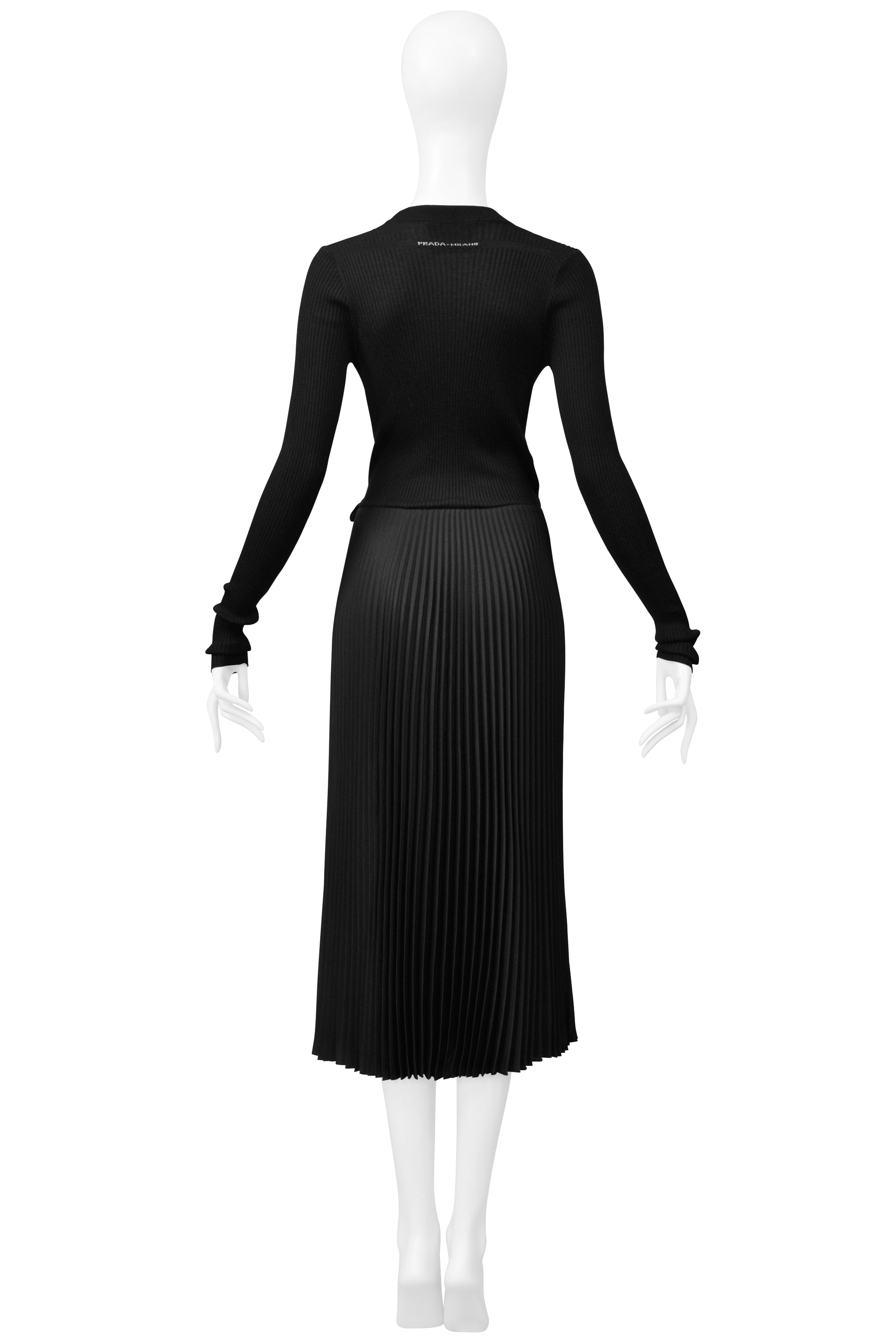 PRADA BLACK LONG KNIT WRAP DRESS WITH PLEATED SKIRT