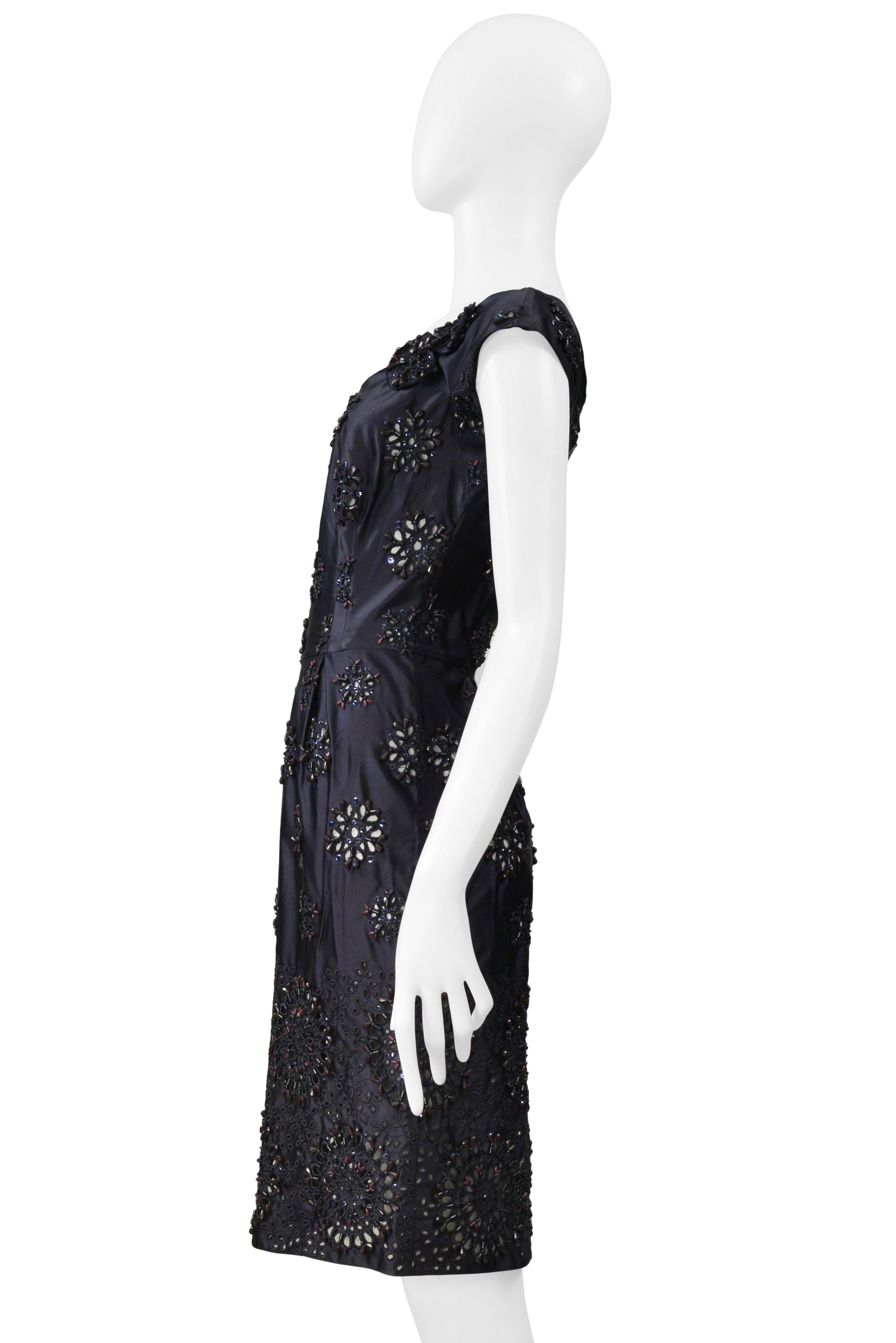PRADA MIDNIGHT BLUE TAFFETA DRESS WITH HEAVY EMBROIDERY, BEADING AND LASER CUTOUTS