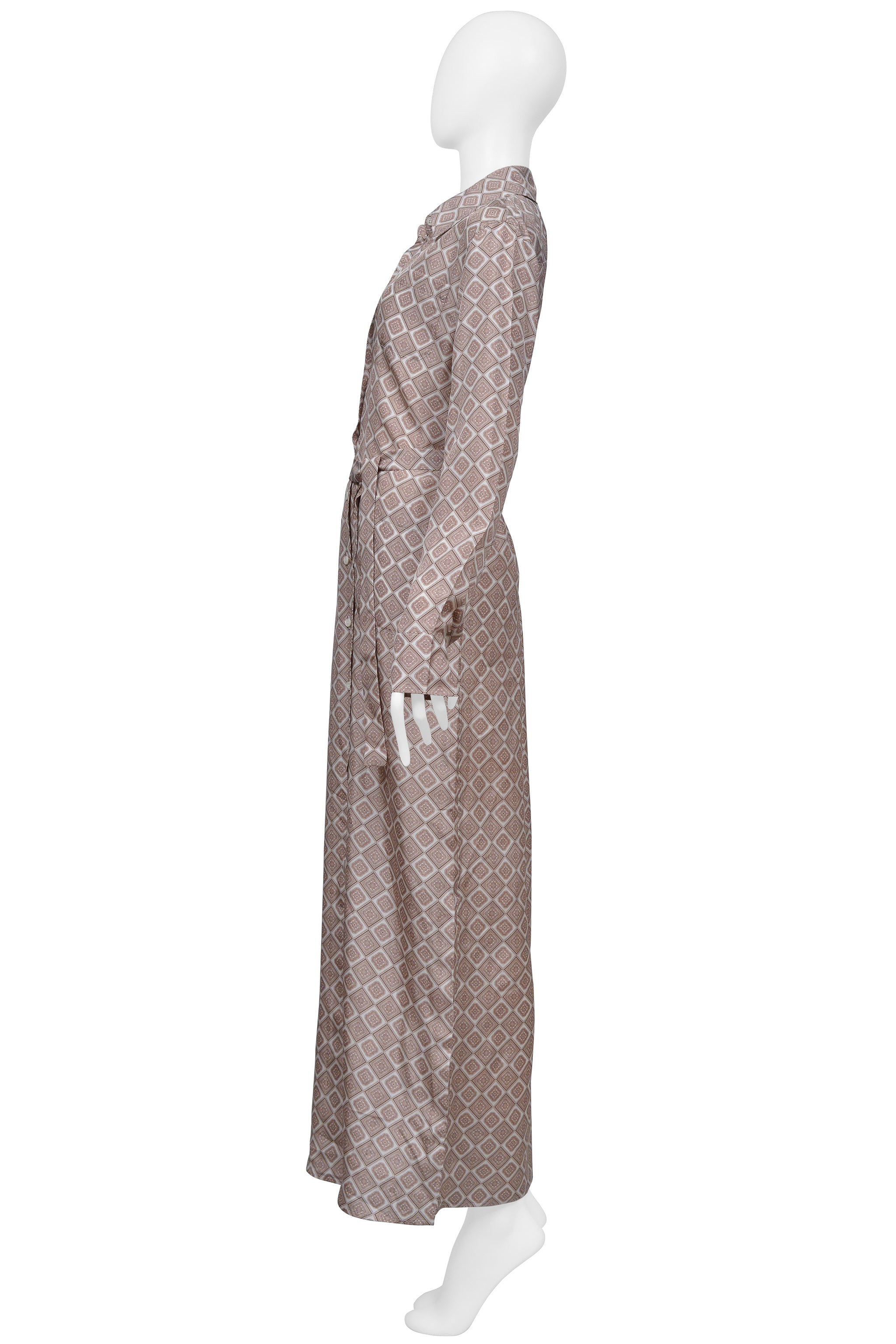 PRADA BROWN AND WHITE SILK ROBE DRESS WITH DIAMOND PRINT
