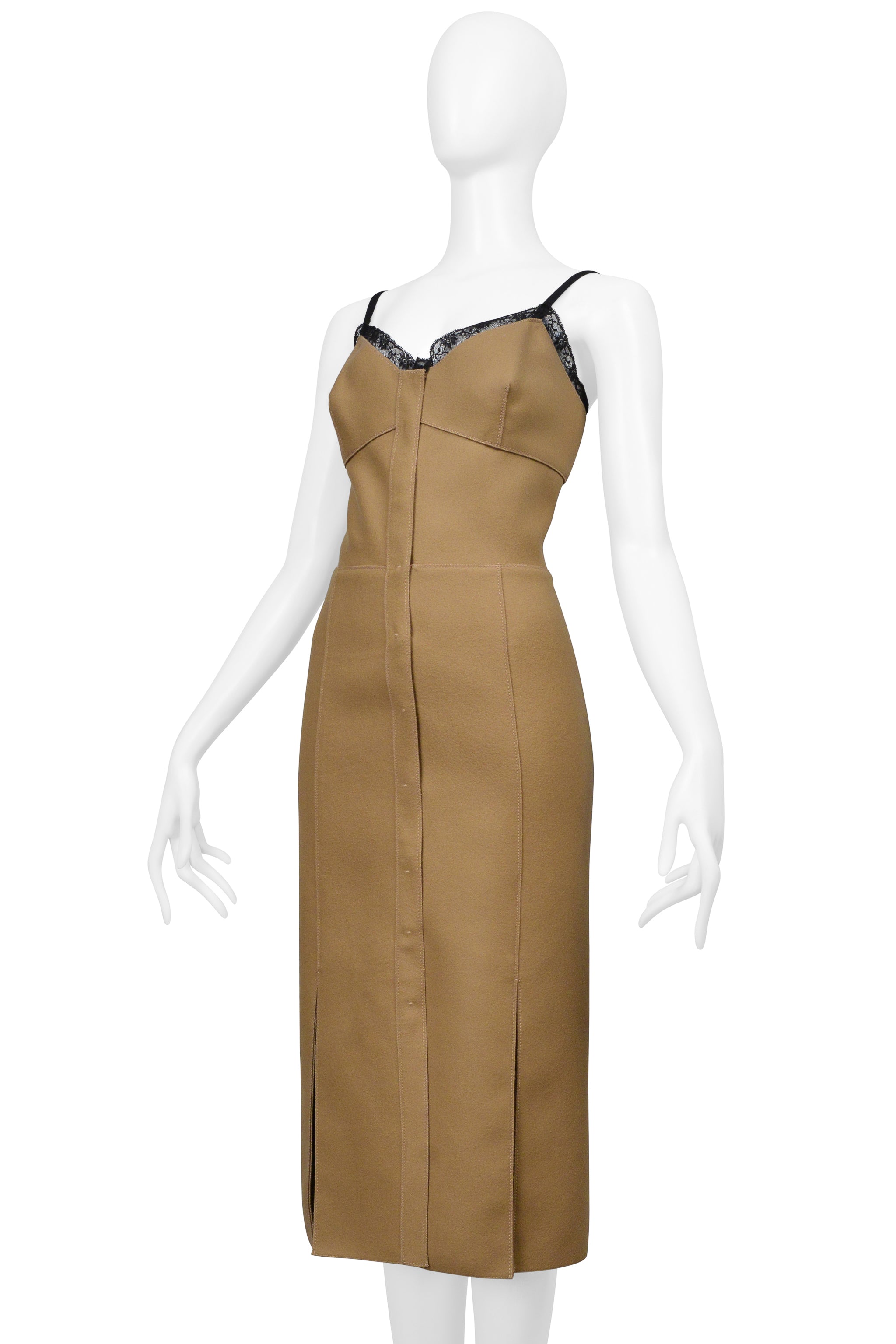 PRADA CAMEL WOOL DRESS WITH SNAPS AND BLACK LACE