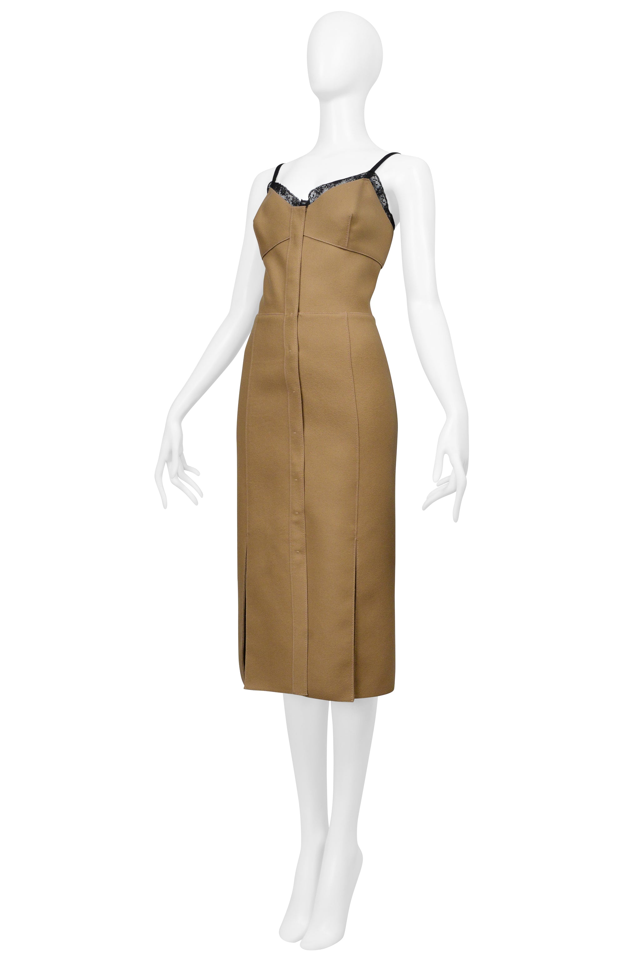 PRADA CAMEL WOOL DRESS WITH SNAPS AND BLACK LACE