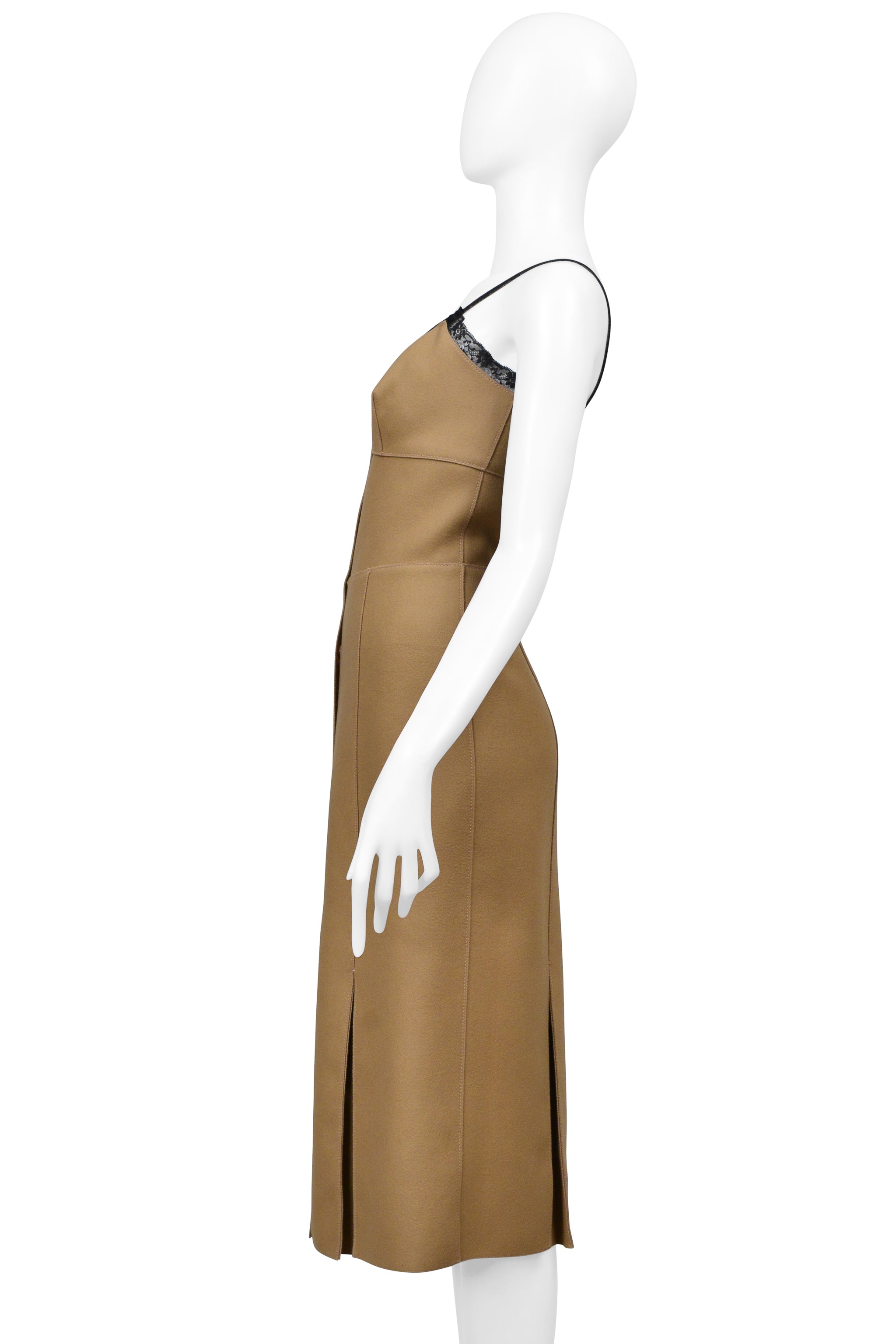 PRADA CAMEL WOOL DRESS WITH SNAPS AND BLACK LACE