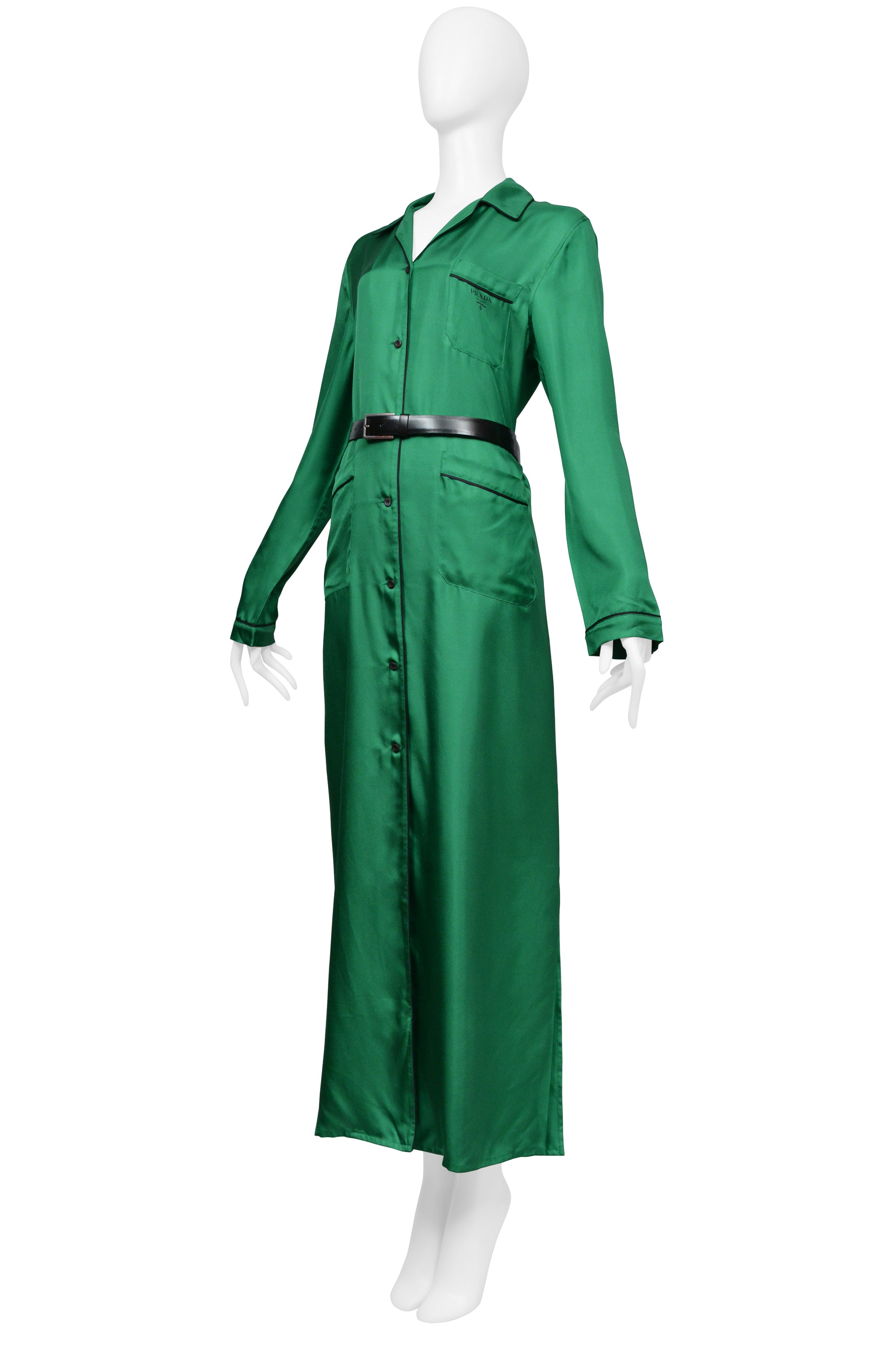 PRADA GREEN SILK ROBE DRESS WITH BLACK PIPING AND BLACK BELT