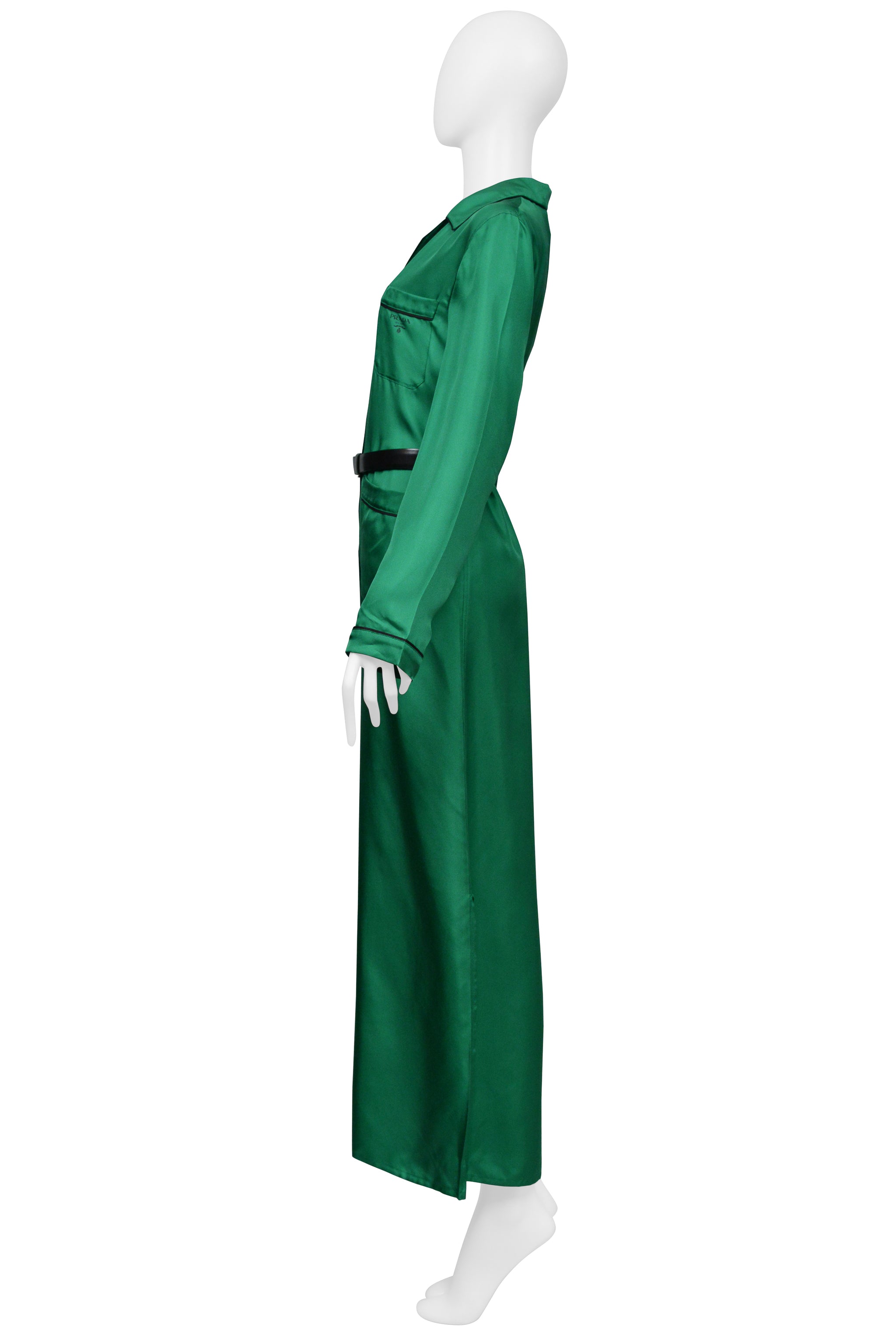PRADA GREEN SILK ROBE DRESS WITH BLACK PIPING AND BLACK BELT
