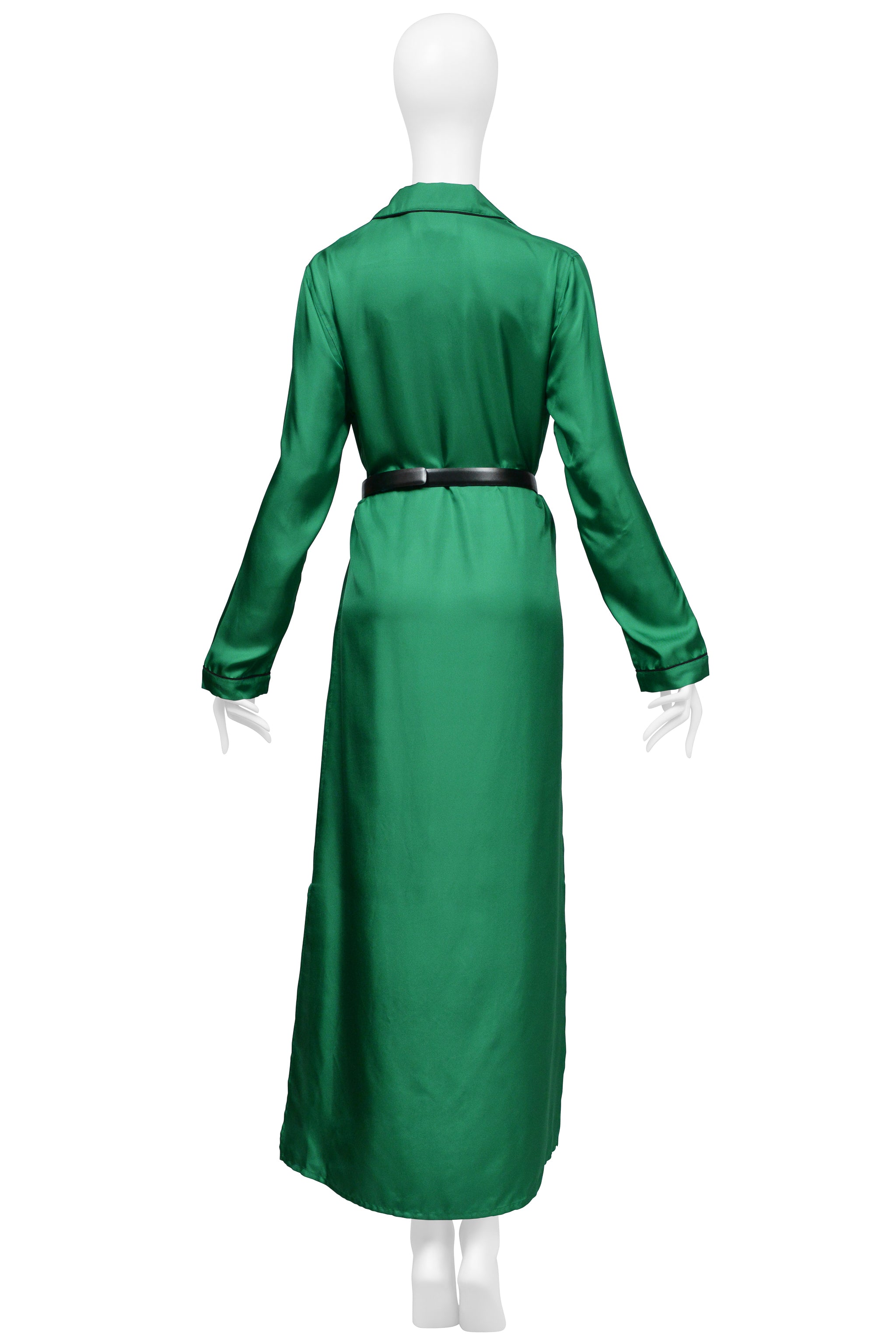 PRADA GREEN SILK ROBE DRESS WITH BLACK PIPING AND BLACK BELT