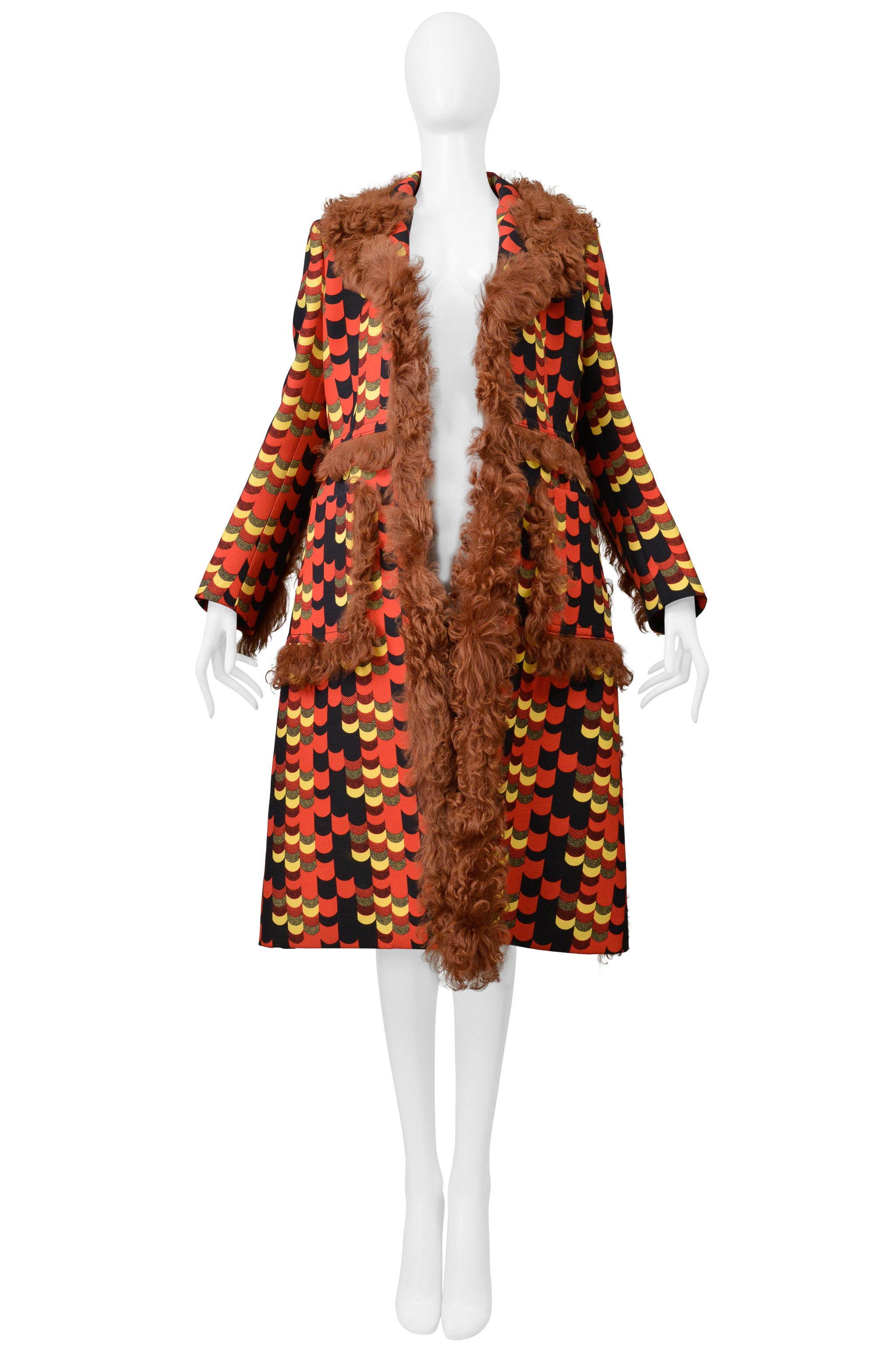PRADA RED MULTICOLOR GRAPHIC PRINT COAT WITH ORANGE SHEARLING TRIM 2014