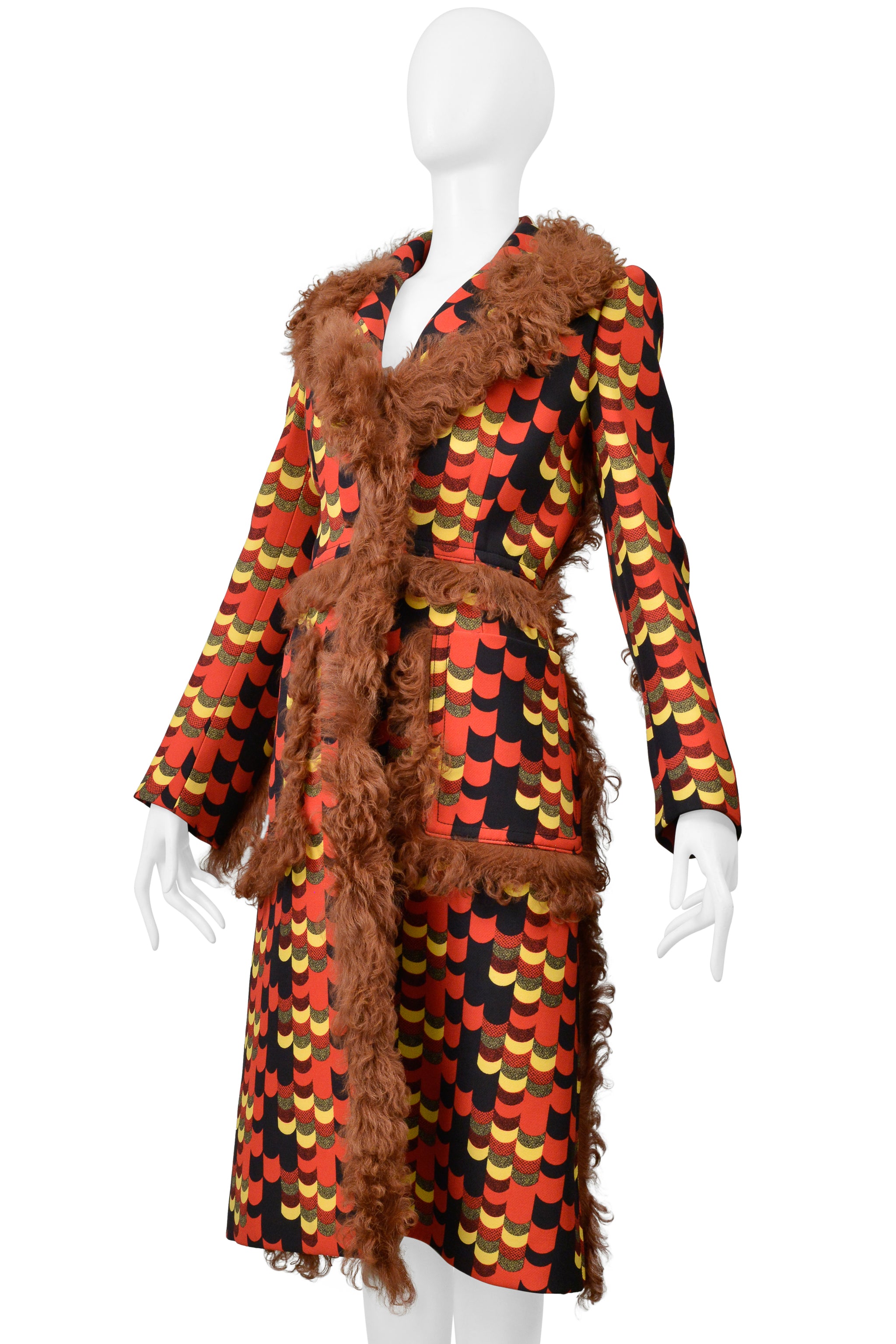 PRADA RED MULTICOLOR GRAPHIC PRINT COAT WITH ORANGE SHEARLING TRIM 2014