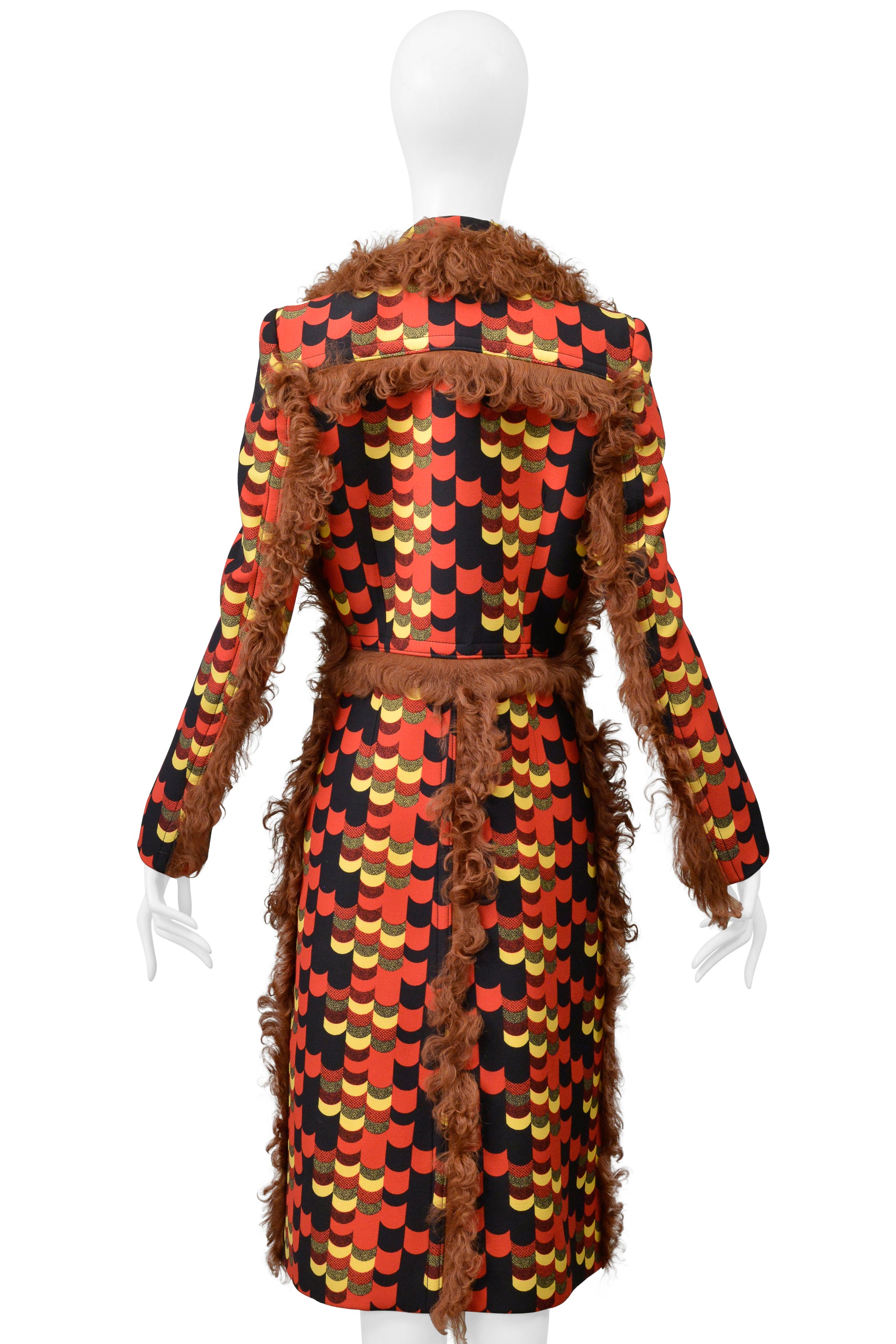 PRADA RED MULTICOLOR GRAPHIC PRINT COAT WITH ORANGE SHEARLING TRIM 2014