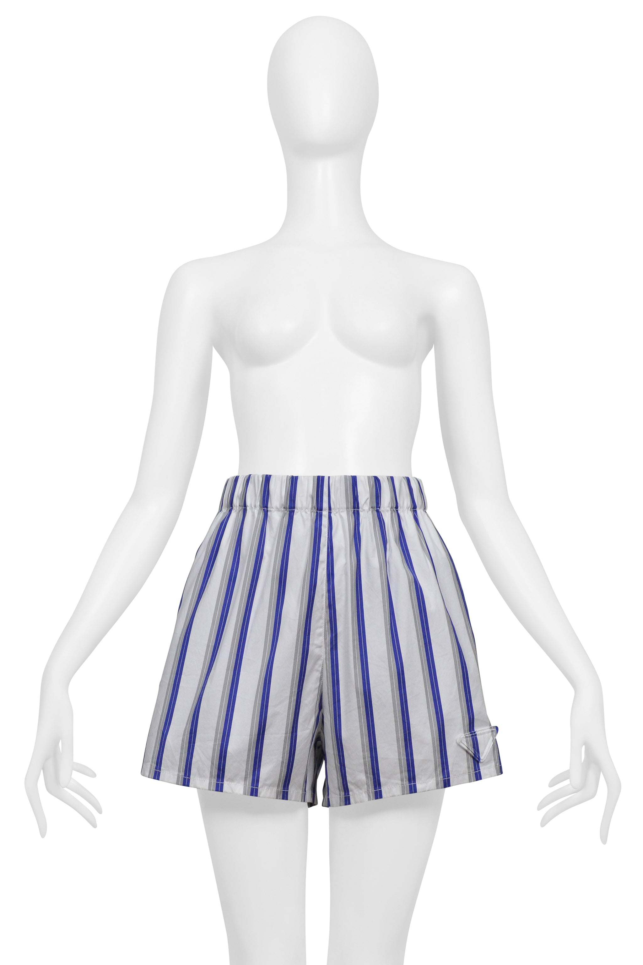 PRADA WHITE AND BLUE STRIPE MINI SHORTS