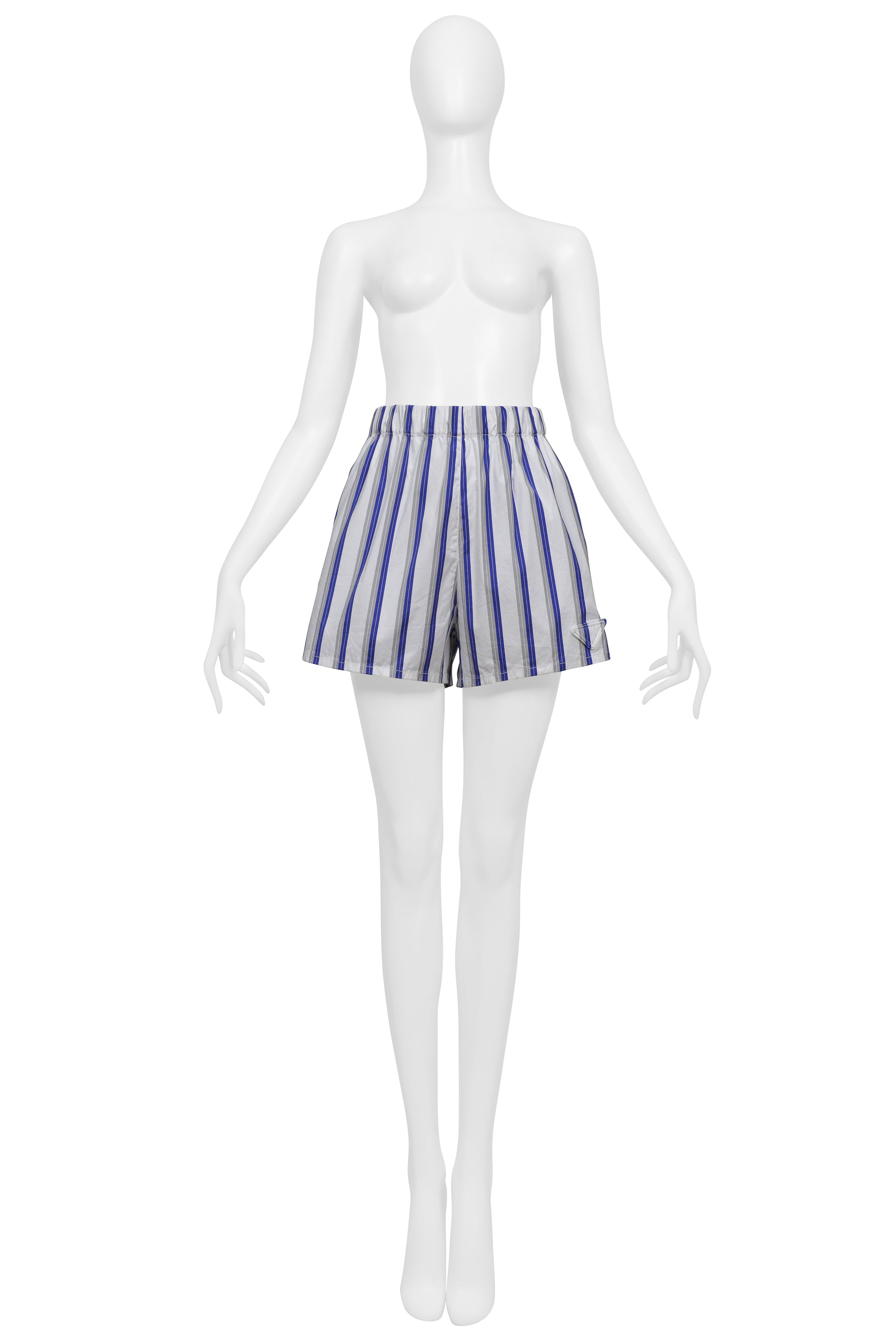 PRADA WHITE AND BLUE STRIPE COTTON MINI SHORTS