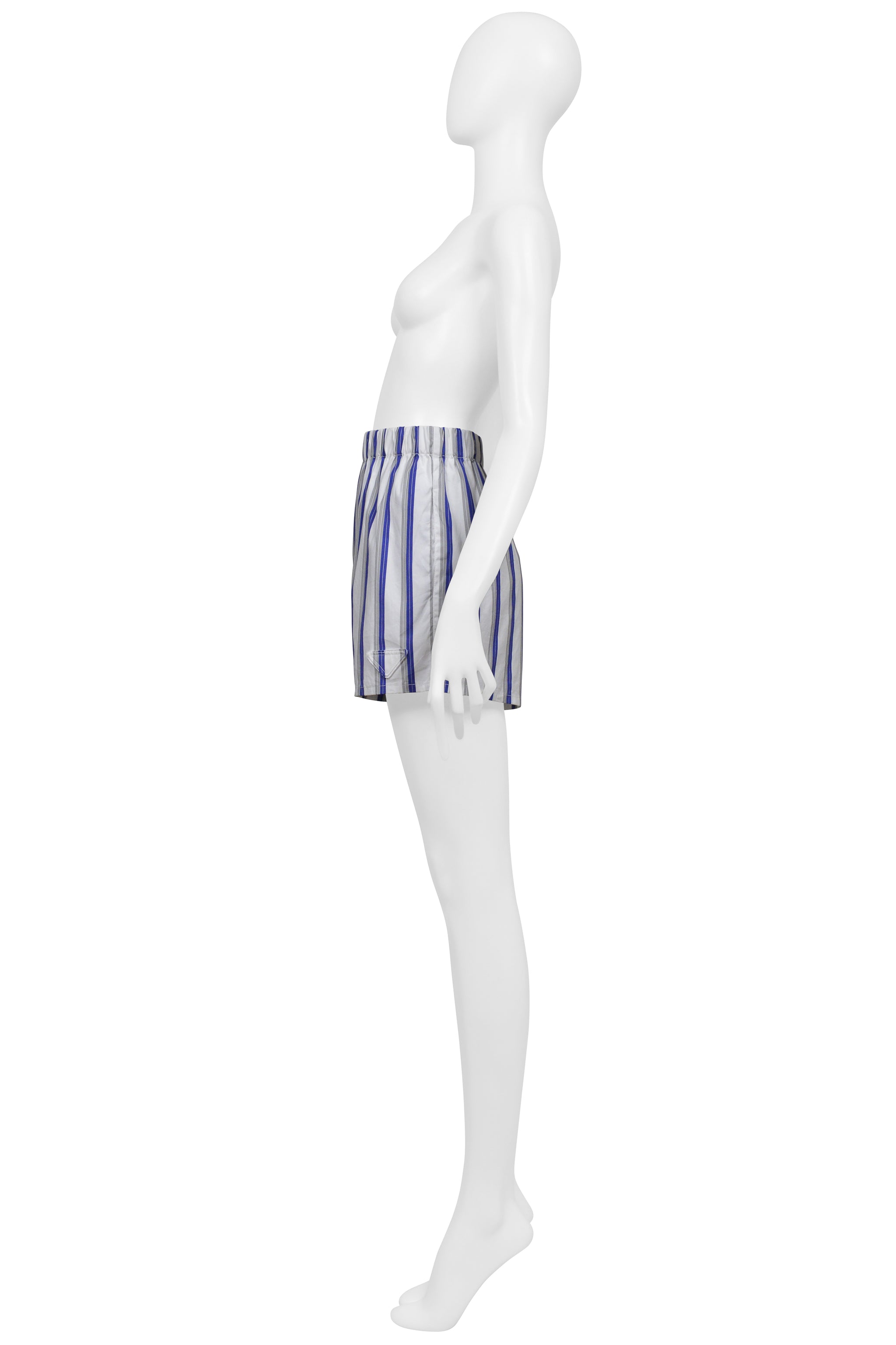 PRADA WHITE AND BLUE STRIPE COTTON MINI SHORTS