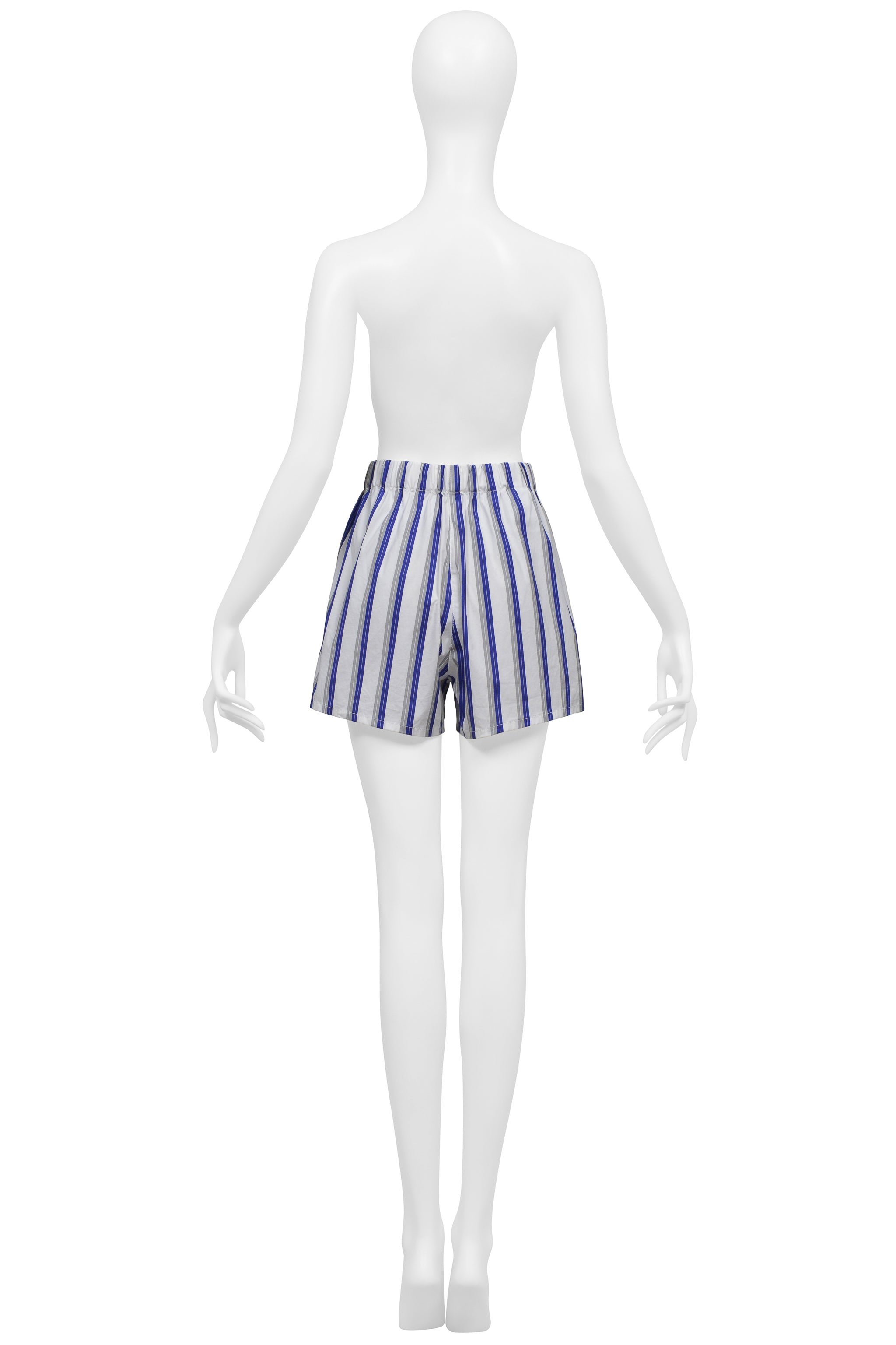 PRADA WHITE AND BLUE STRIPE COTTON MINI SHORTS