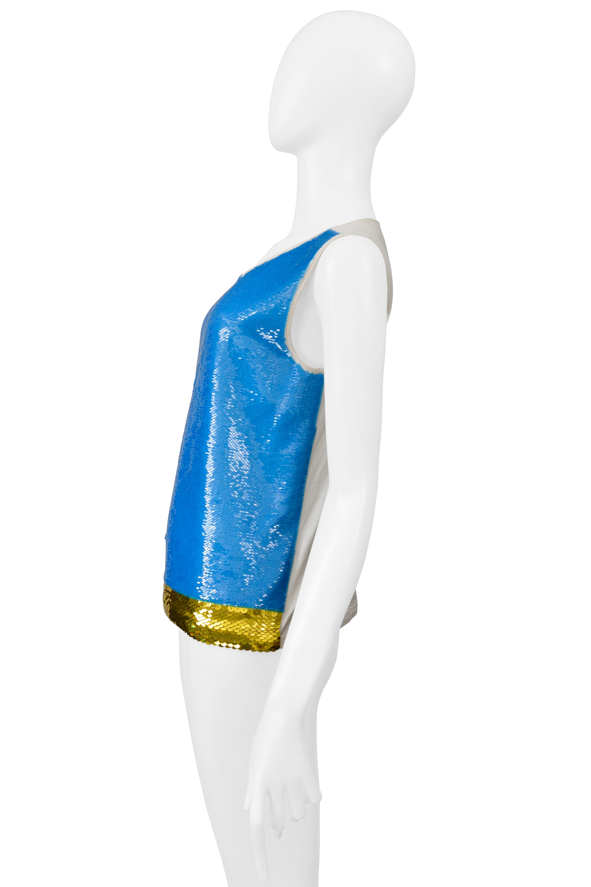 PRADA WHITE TANK T-SHIRT WITH BLUE AND GOLD SEQUINS