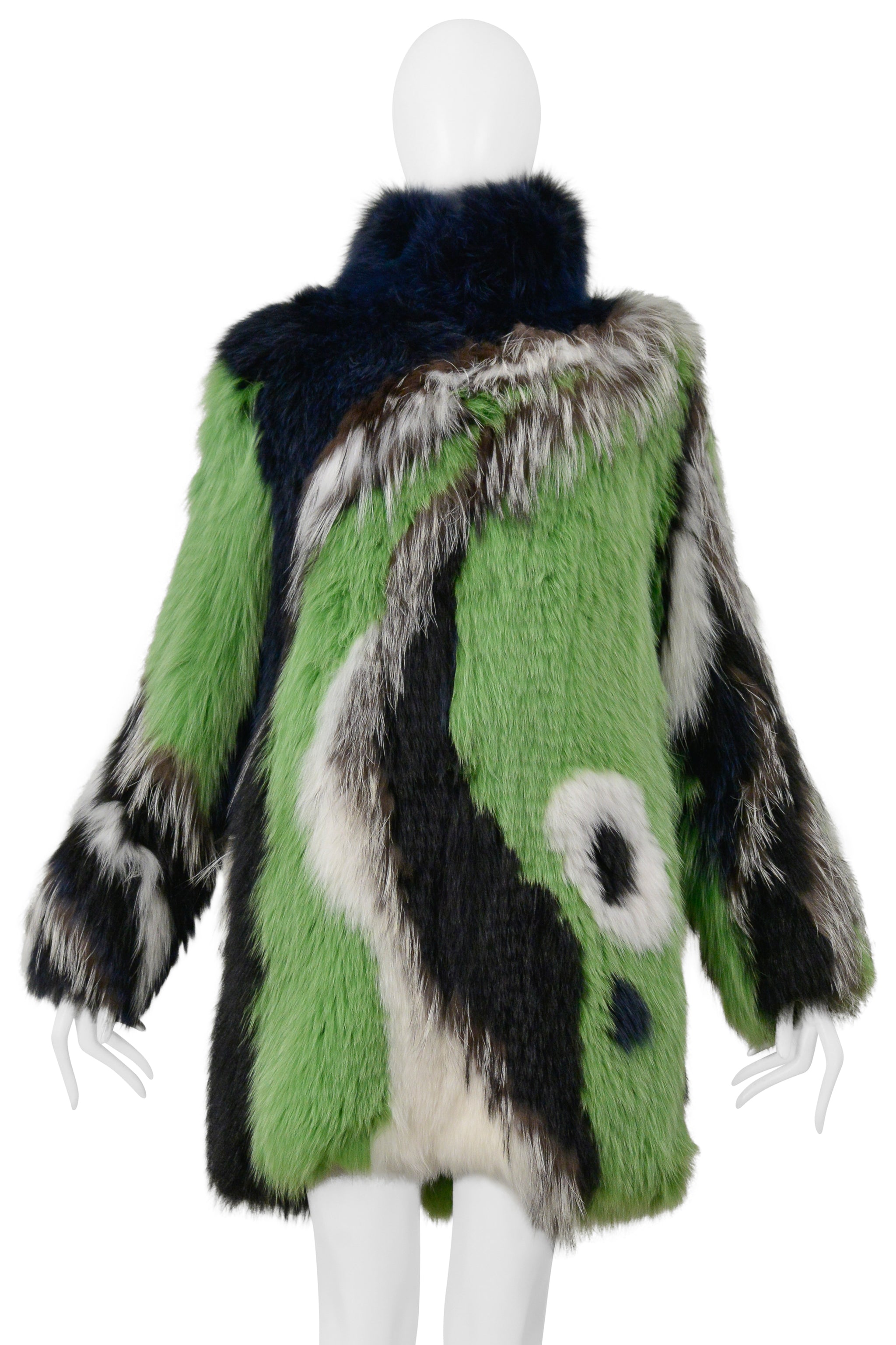 PUCCI GREEN BLACK WHITE AND GREY FOX FUR COAT 2015