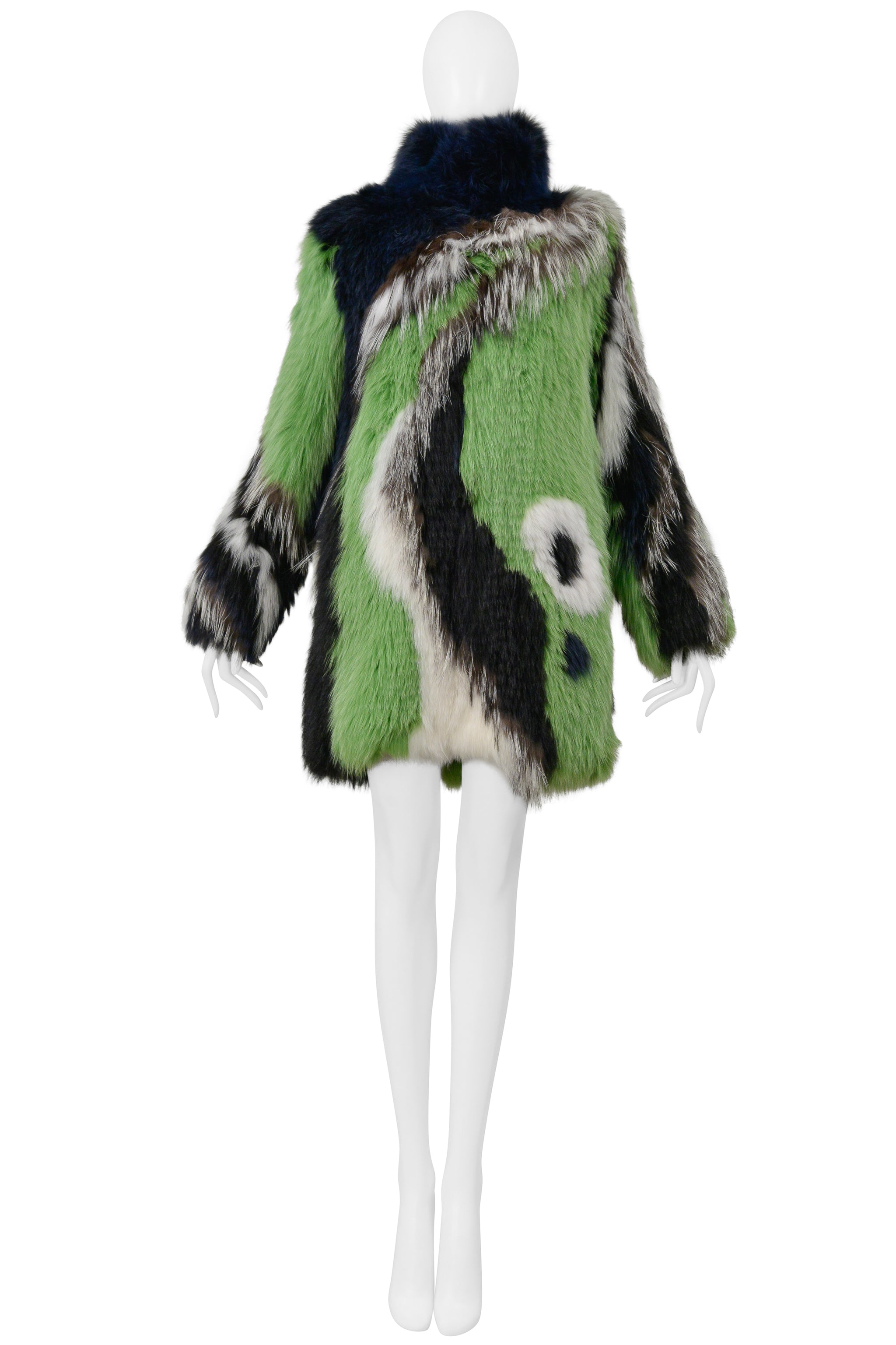PUCCI GREEN BLACK WHITE AND GREY FOX FUR COAT 2015