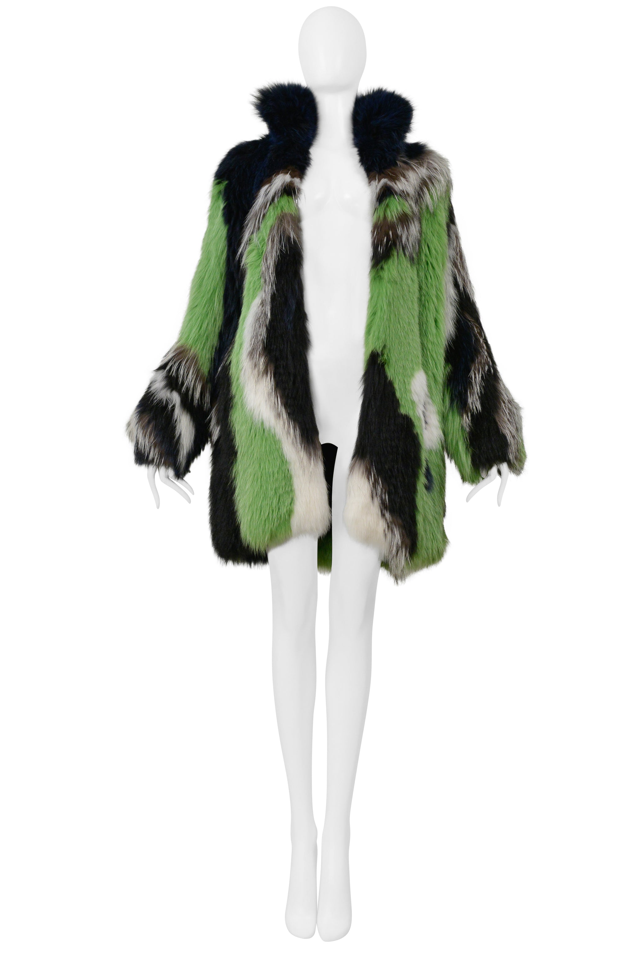 PUCCI GREEN BLACK WHITE AND GREY FOX FUR COAT 2015