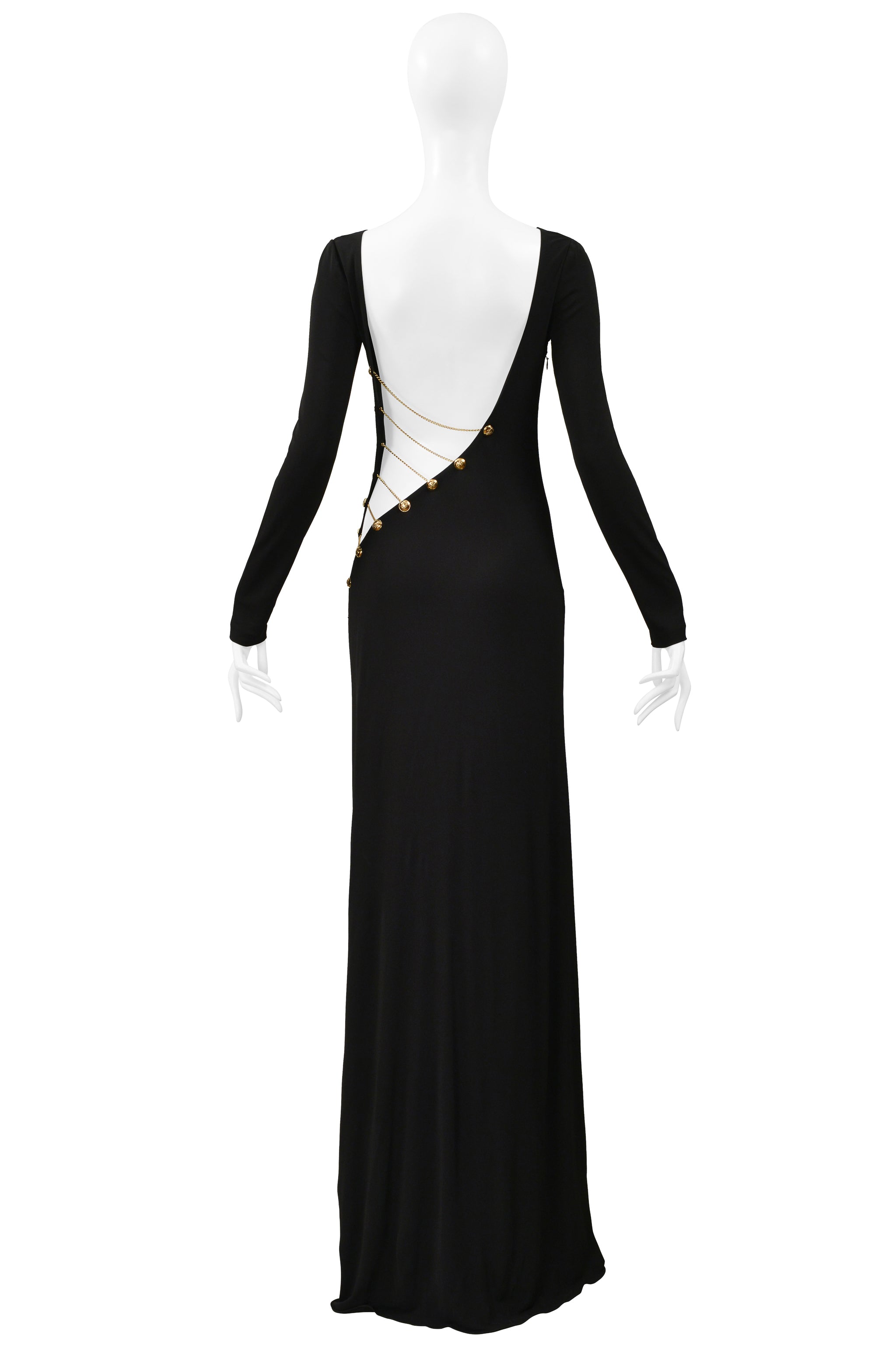 PUCCI BLACK JERSEY EVENING GOWN WITH CUTOUT AND GOLD CHAINS