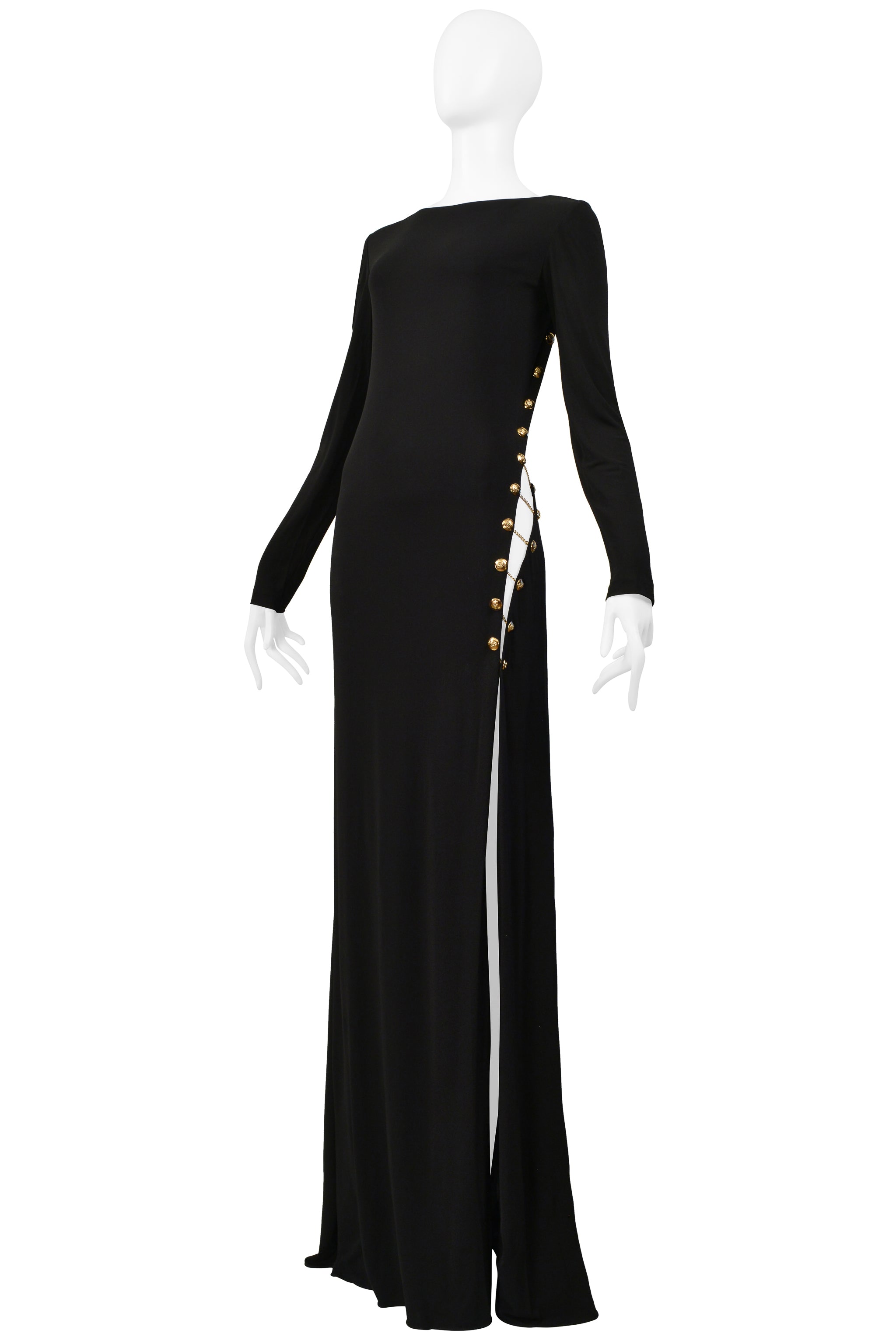 PUCCI BLACK JERSEY EVENING GOWN WITH CUTOUT AND GOLD CHAINS