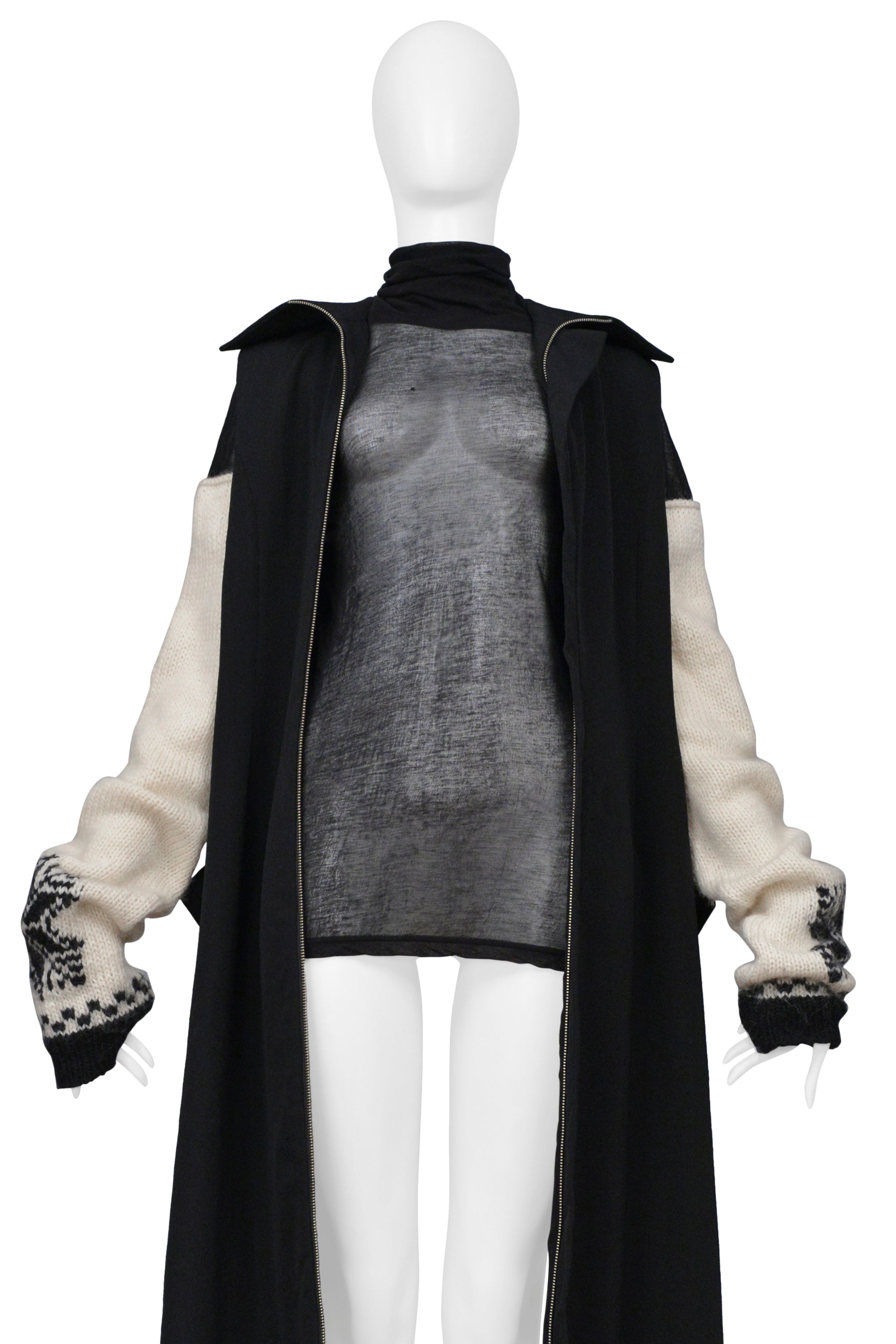 YOHJI YAMAMOTO BLACK WOOL VEST WITH BLACK SHEER HIGH NECK TOP WITH SWEATER SLEEVES 2004-05