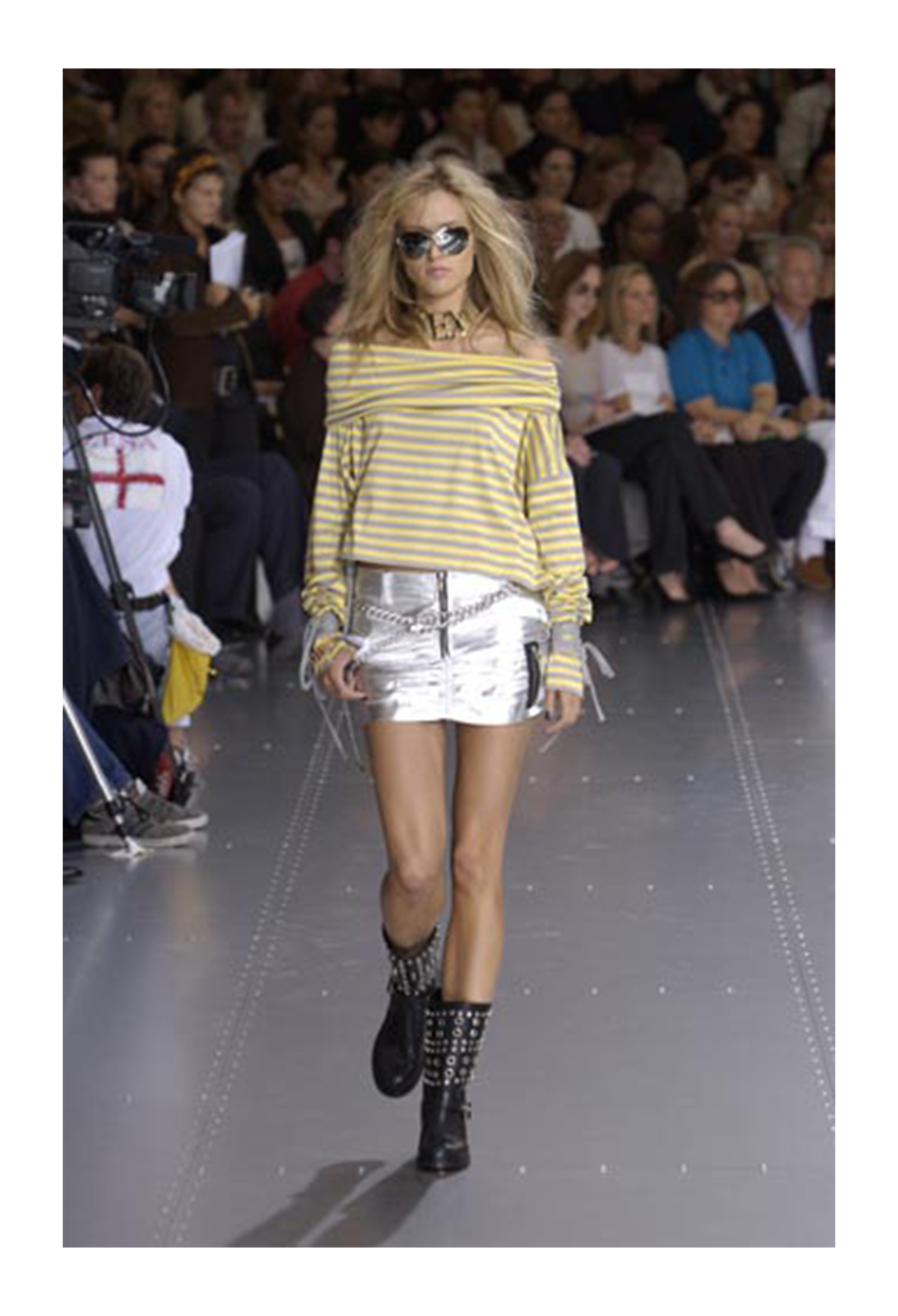 DOLCE & GABBANA YELLOW & GREY STRIPED COLD SHOULDER TOP WITH TIES 2003