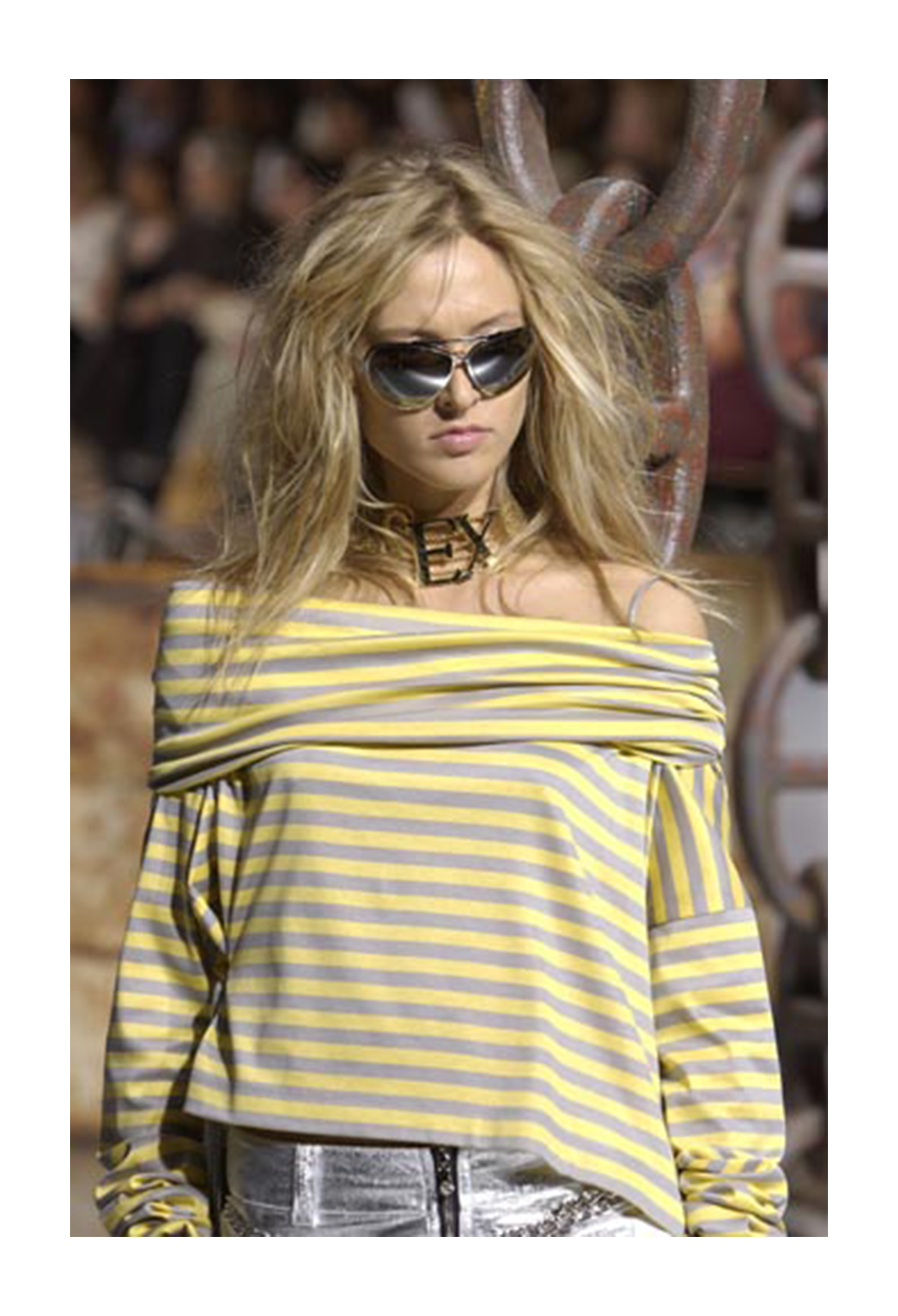 DOLCE & GABBANA YELLOW & GREY STRIPED COLD SHOULDER TOP WITH TIES 2003
