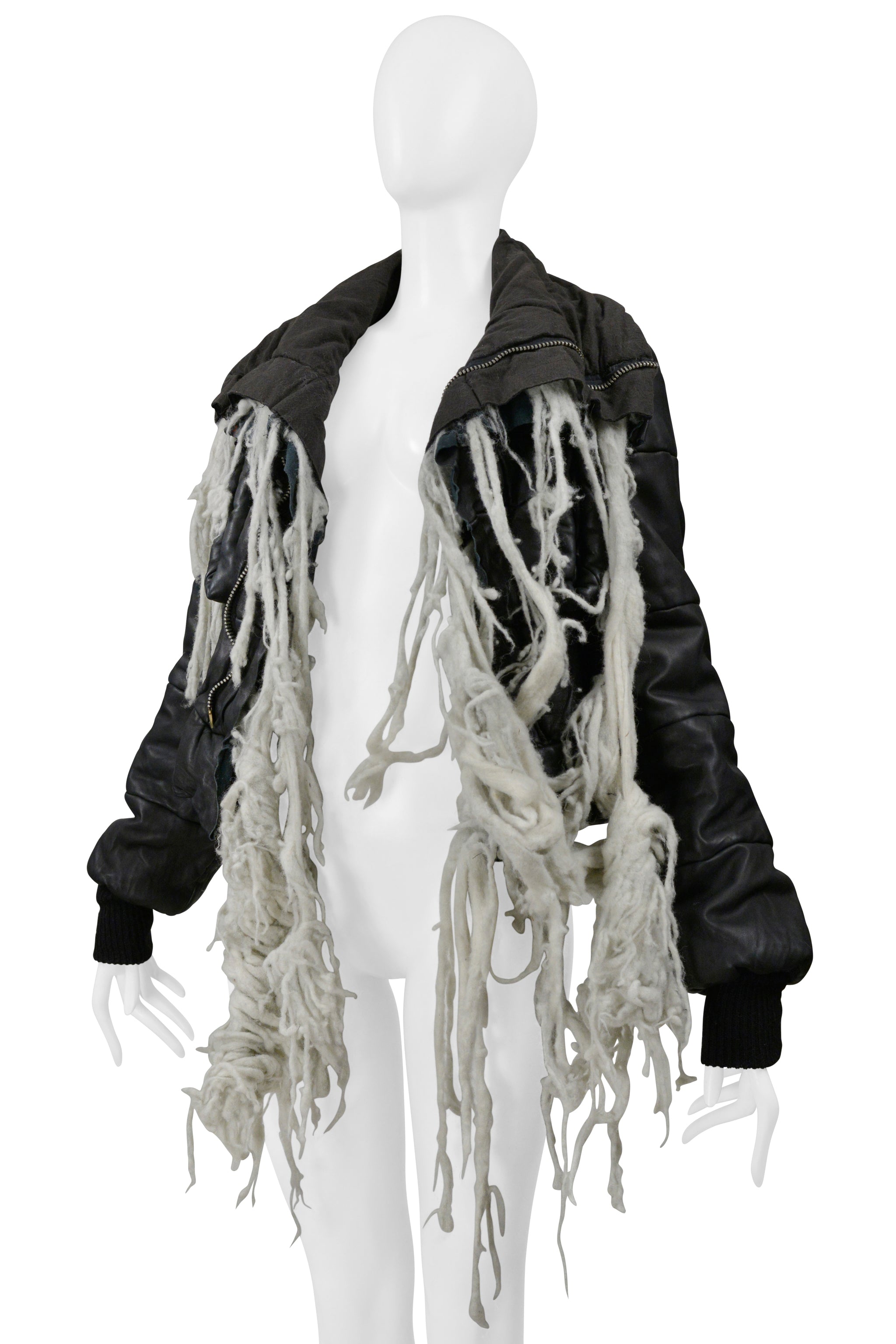 RICK OWENS BLACK LEATHER PADDED JACKET WITH WOOL TUFTS AW 2003