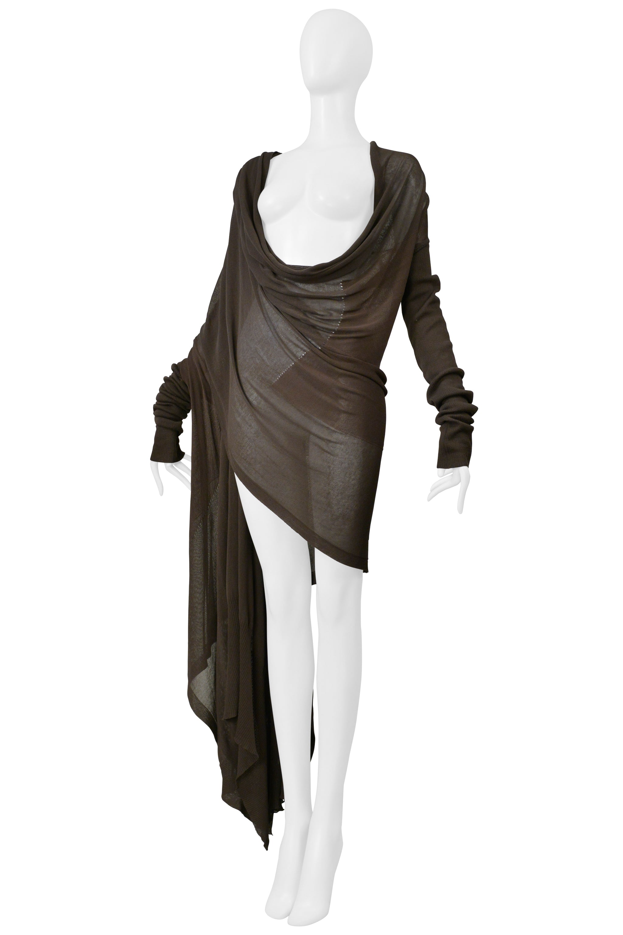 RICK OWENS MUD BROWN CARDIGAN SWEATER WITH ATTACHED SCARF 2004