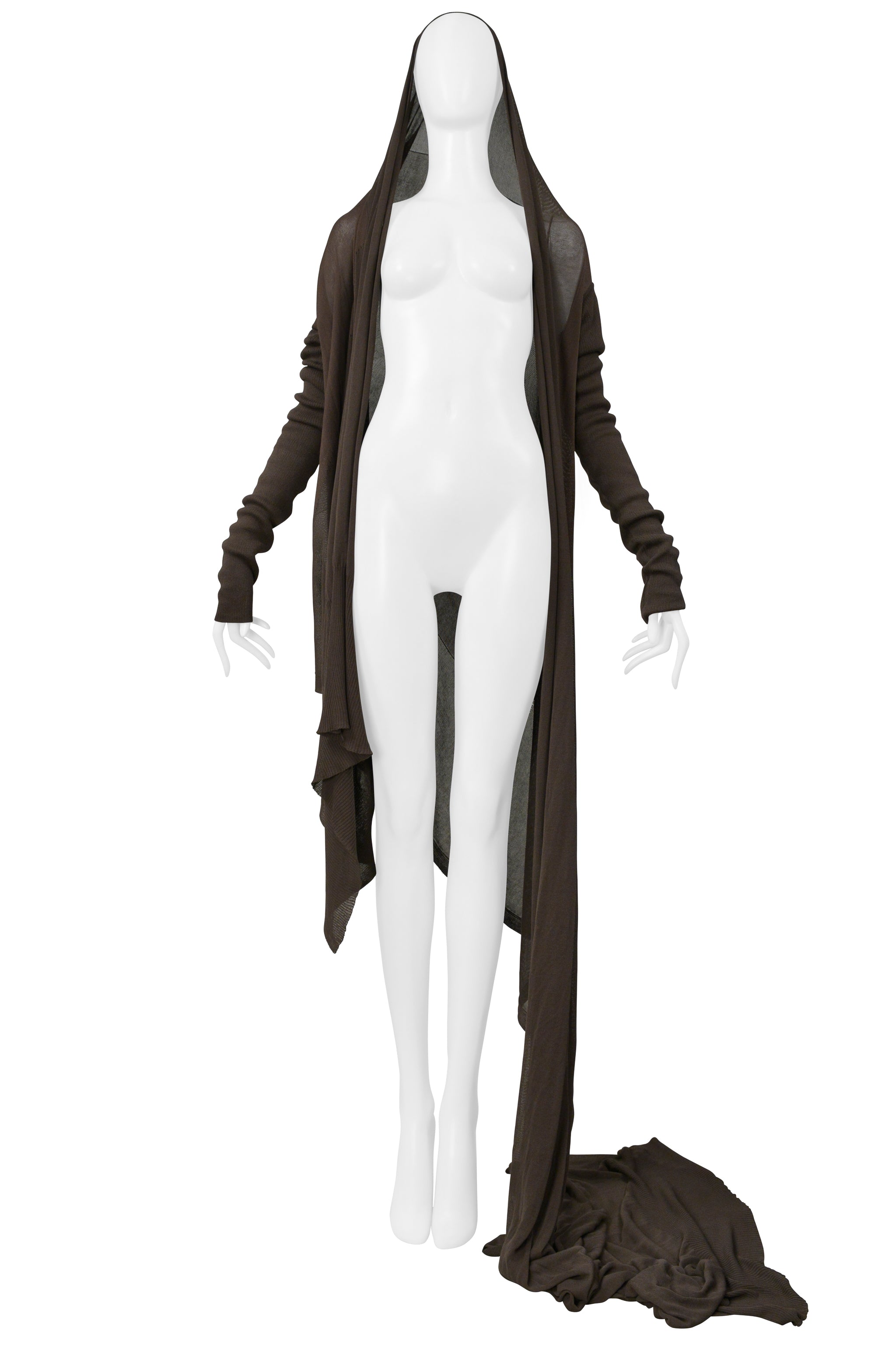 RICK OWENS MUD BROWN CARDIGAN SWEATER WITH ATTACHED SCARF 2004