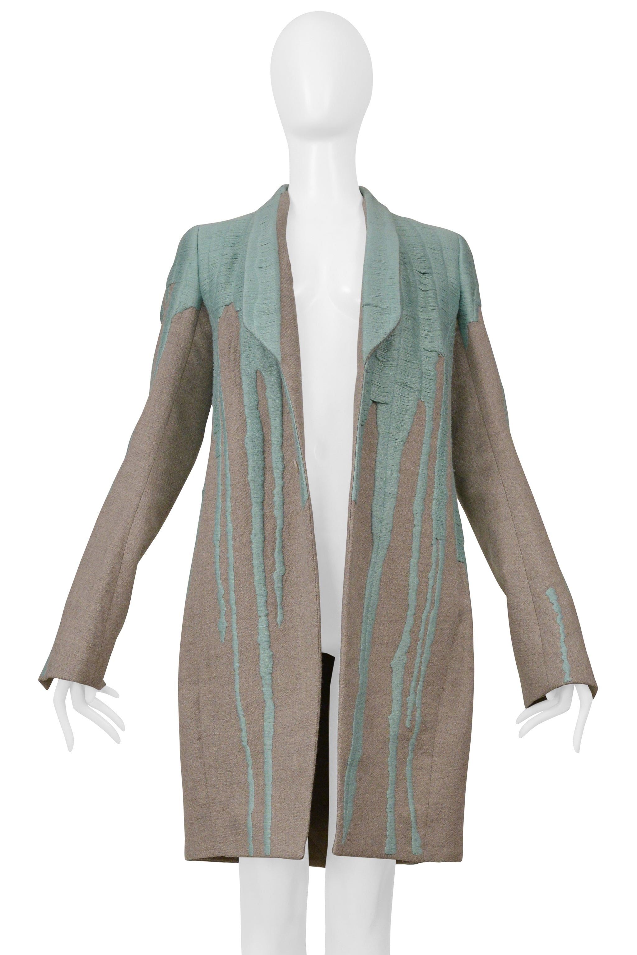 RICK OWENS GREY "VOMIT" COAT WITH GREEN STITCHING 2016