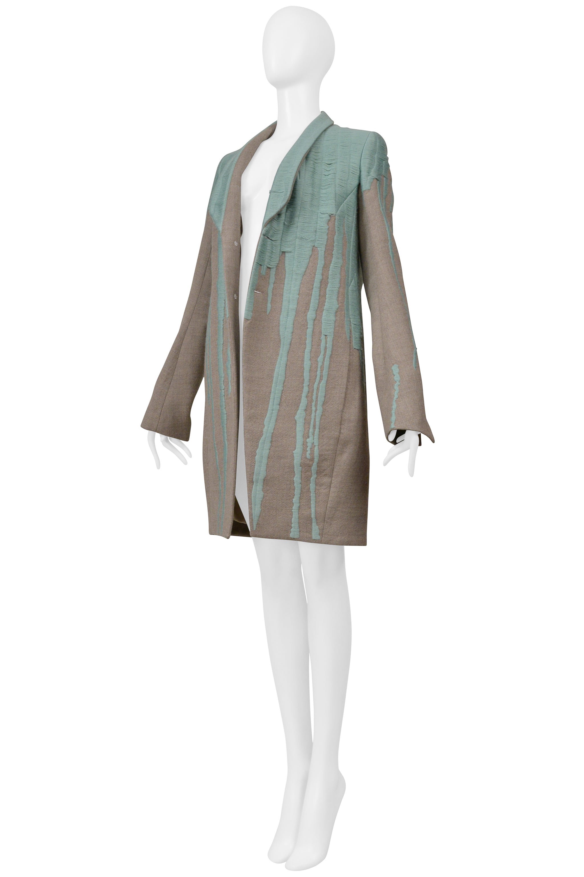 RICK OWENS GREY "VOMIT" COAT WITH GREEN STITCHING 2016