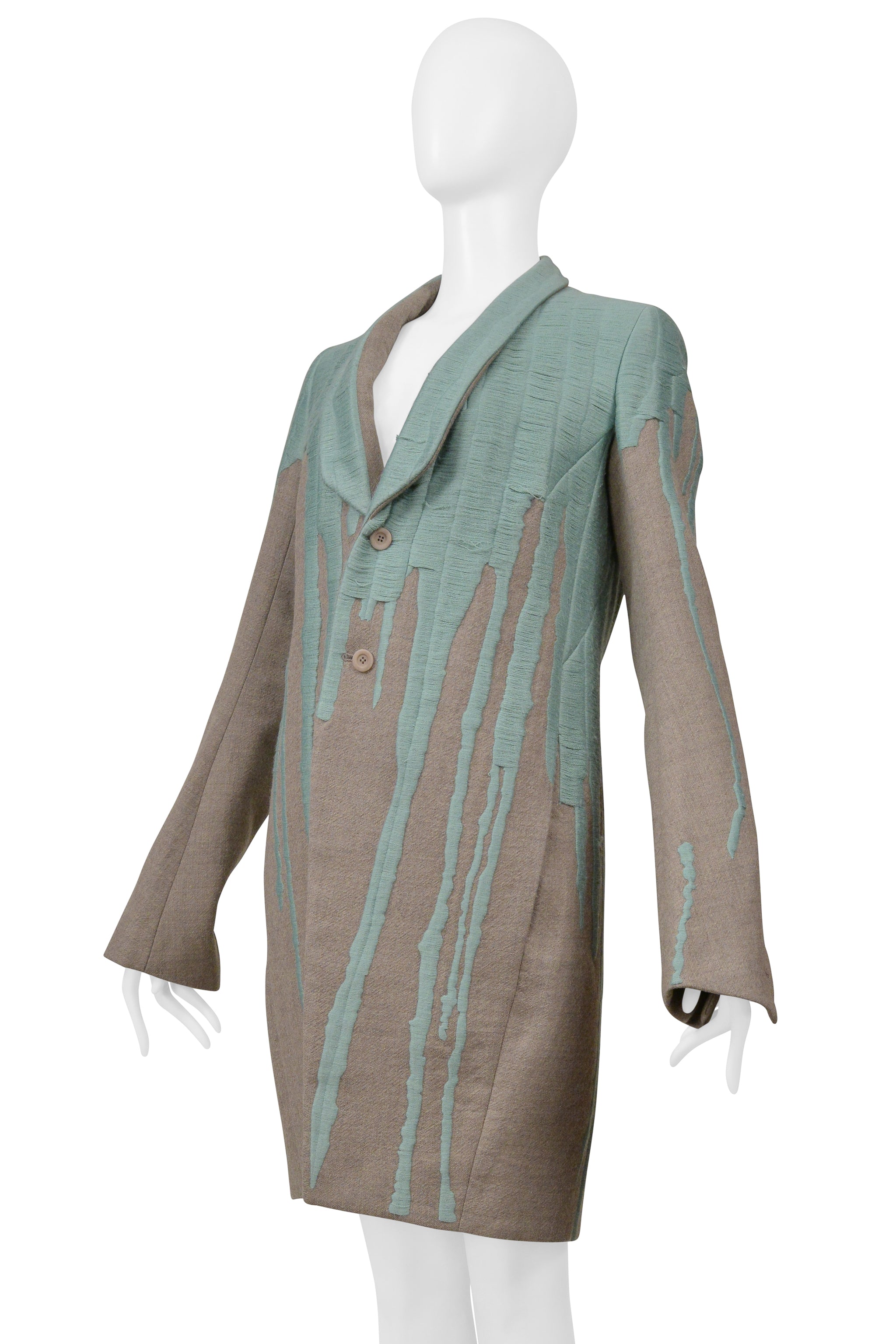 RICK OWENS GREY "VOMIT" COAT WITH GREEN STITCHING 2016