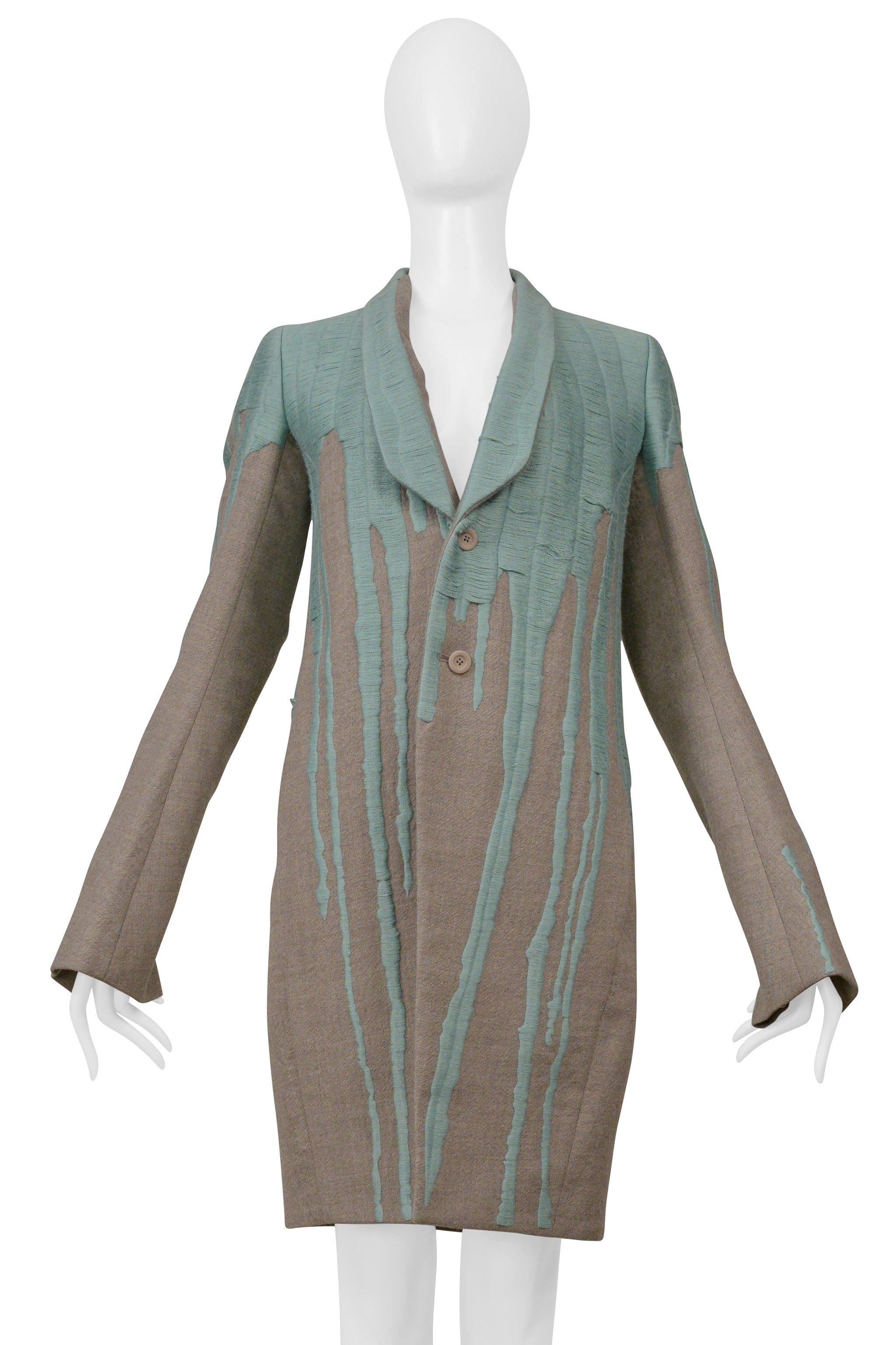 RICK OWENS GREY "VOMIT" COAT WITH GREEN STITCHING 2016