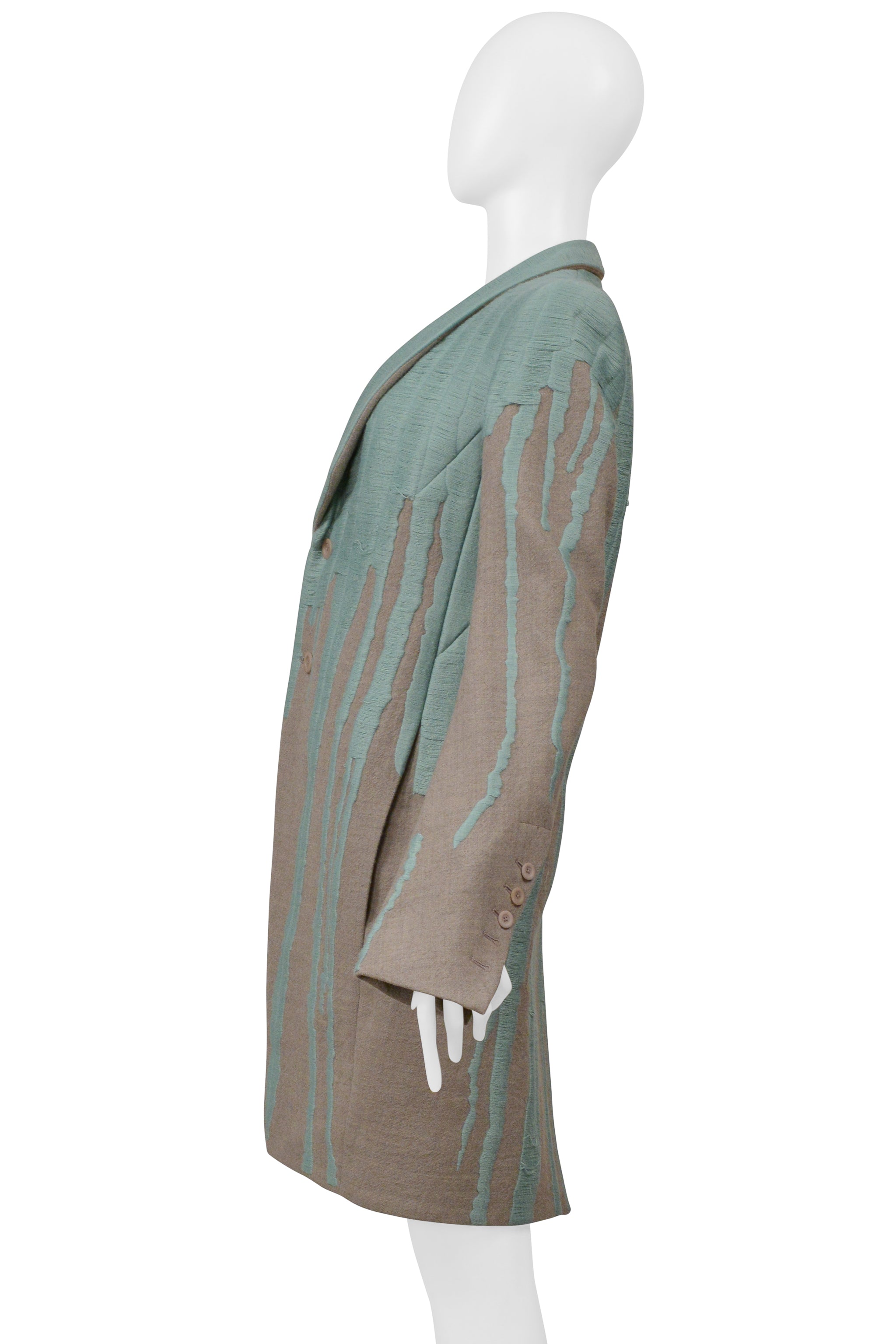 RICK OWENS GREY "VOMIT" COAT WITH GREEN STITCHING 2016