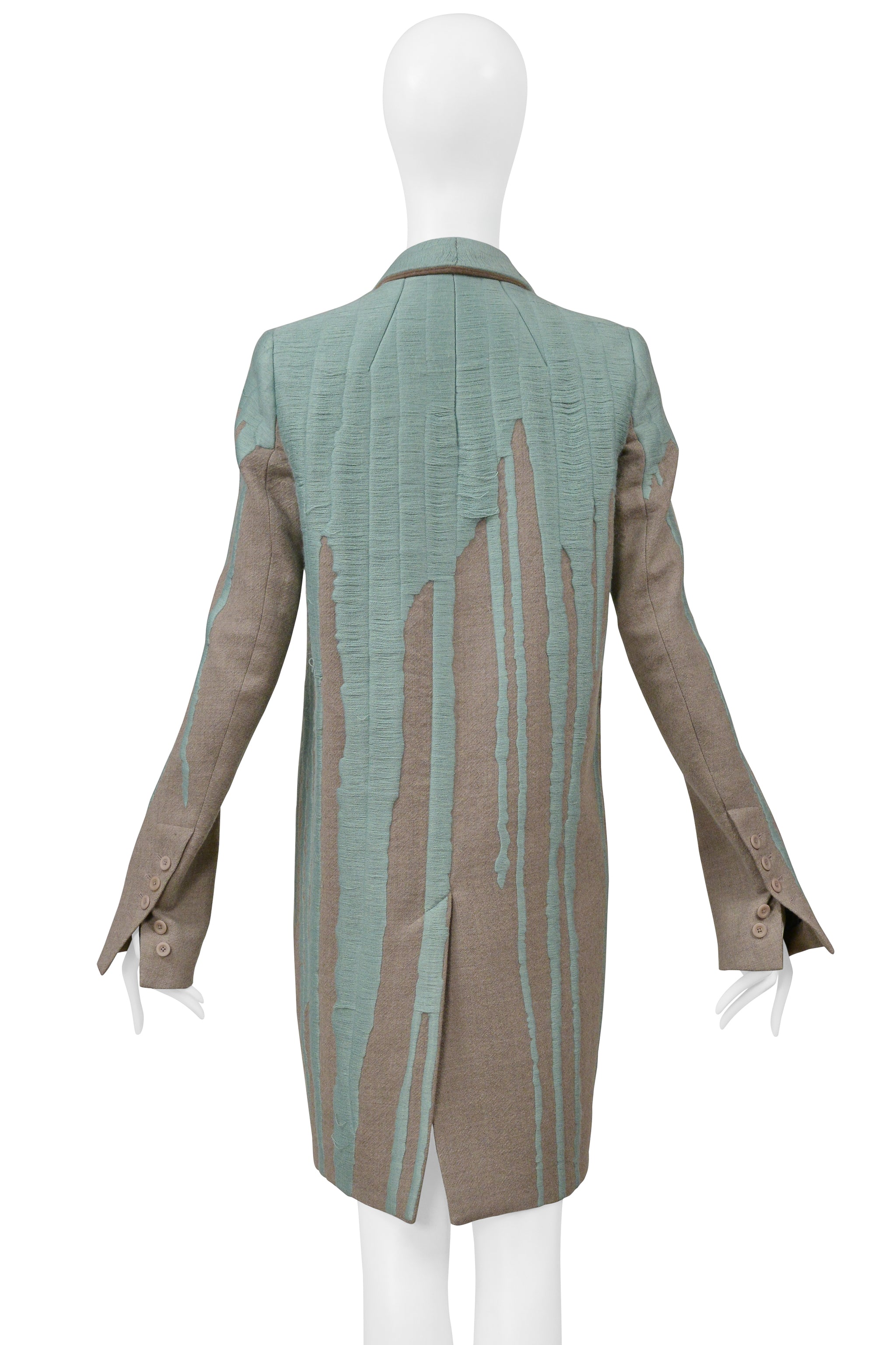 RICK OWENS GREY "VOMIT" COAT WITH GREEN STITCHING 2016