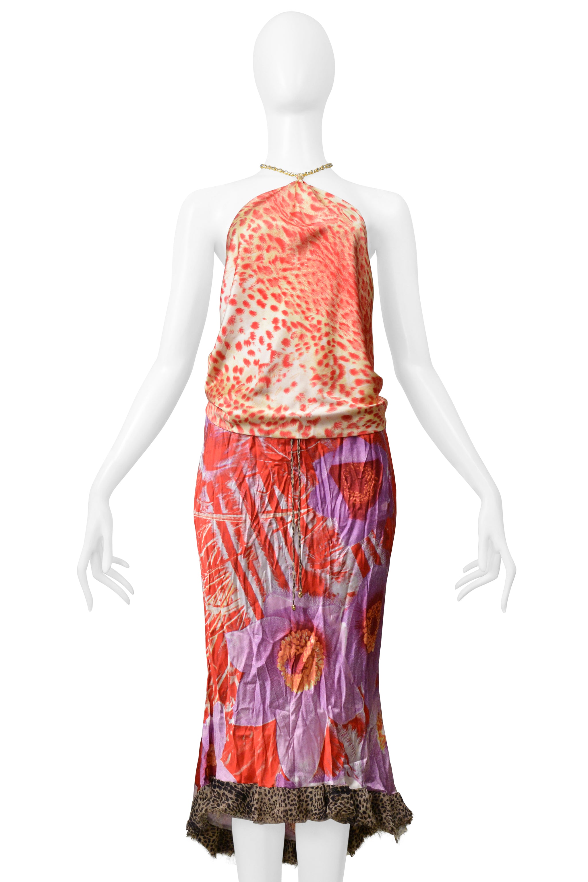 ROBERTO CAVALLI RED & PURPLE LEOPARD & FLORAL 2 PIECE SKIRT AND TOP 2000