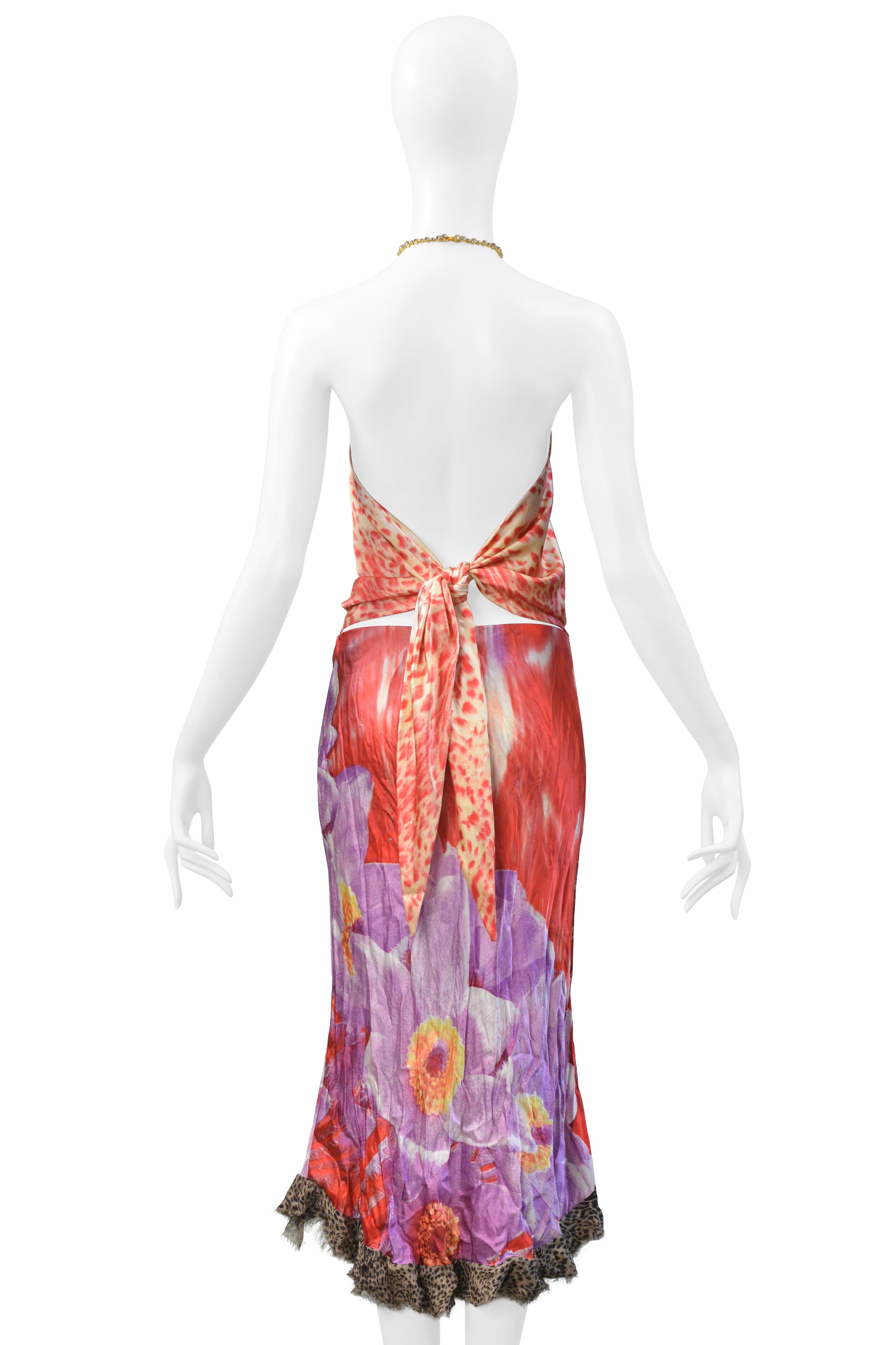 ROBERTO CAVALLI RED & PURPLE LEOPARD & FLORAL 2 PIECE SKIRT AND TOP 2000